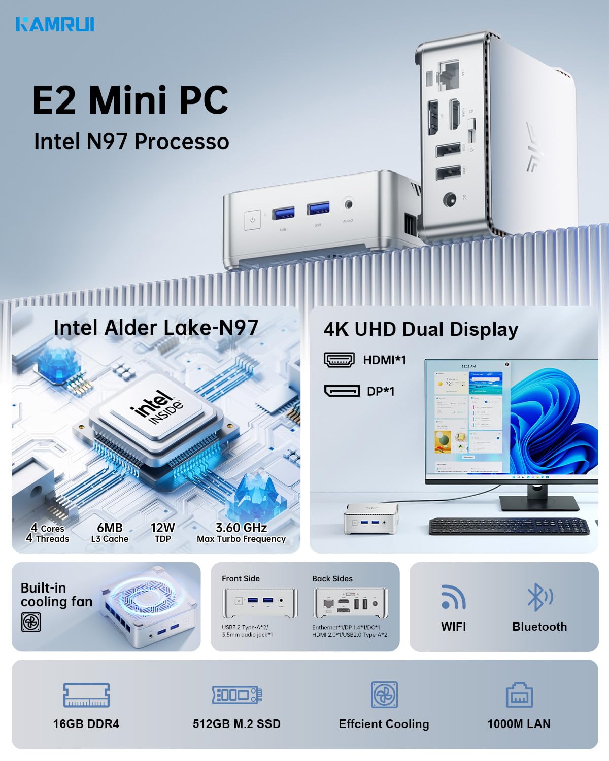 Mini PC KAMRUI GK3Plus, 16 Go de RAM, SSD M.2 de 512 Go