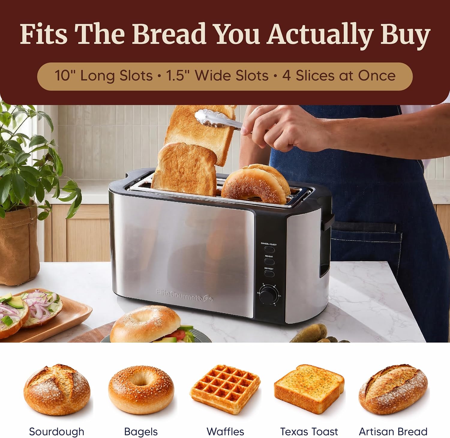 Elite Gourmet ECT-3100 4-Slice Long Slot Toaster, Stainless Steel| Extra-Wide Slots Fit Bagels, Sourdough & Texas Toast, 6 Browning Settings, Reheat, Defrost & Cancel, Built-In Warming Rack