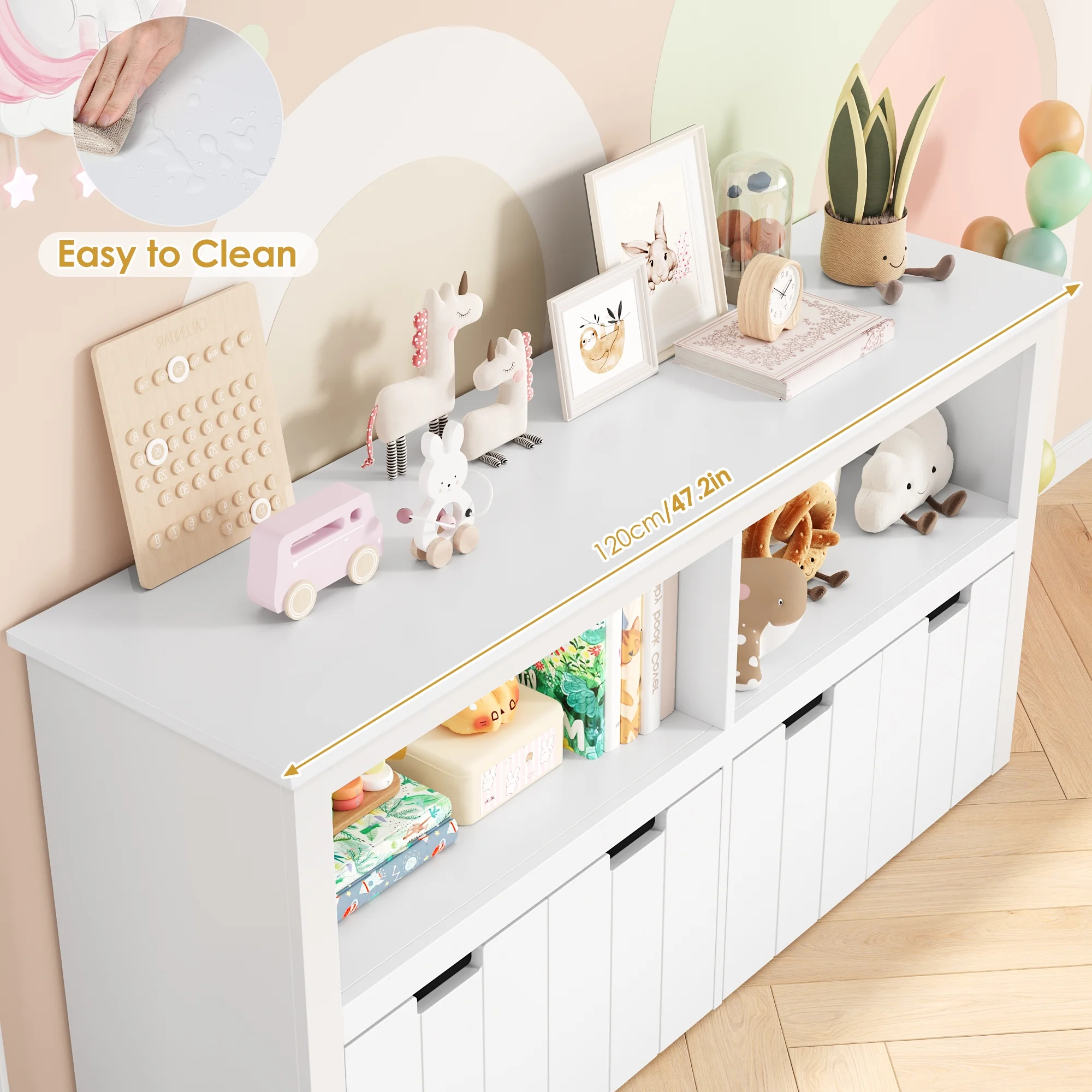 Kids Toy Storage with 4 Drawers, Cubes Storage Bin with Shelves and Wheels for Kids Living Room, White(White) - Image 4