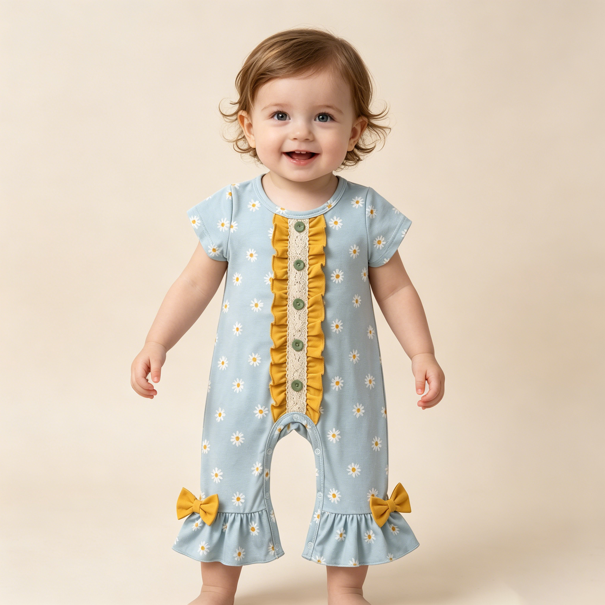 Cotton Cute Daisy Printed Romper Ruffle Bow Baby Girl Jumpsuit Bodysuit Beach Party Holiday Picnic