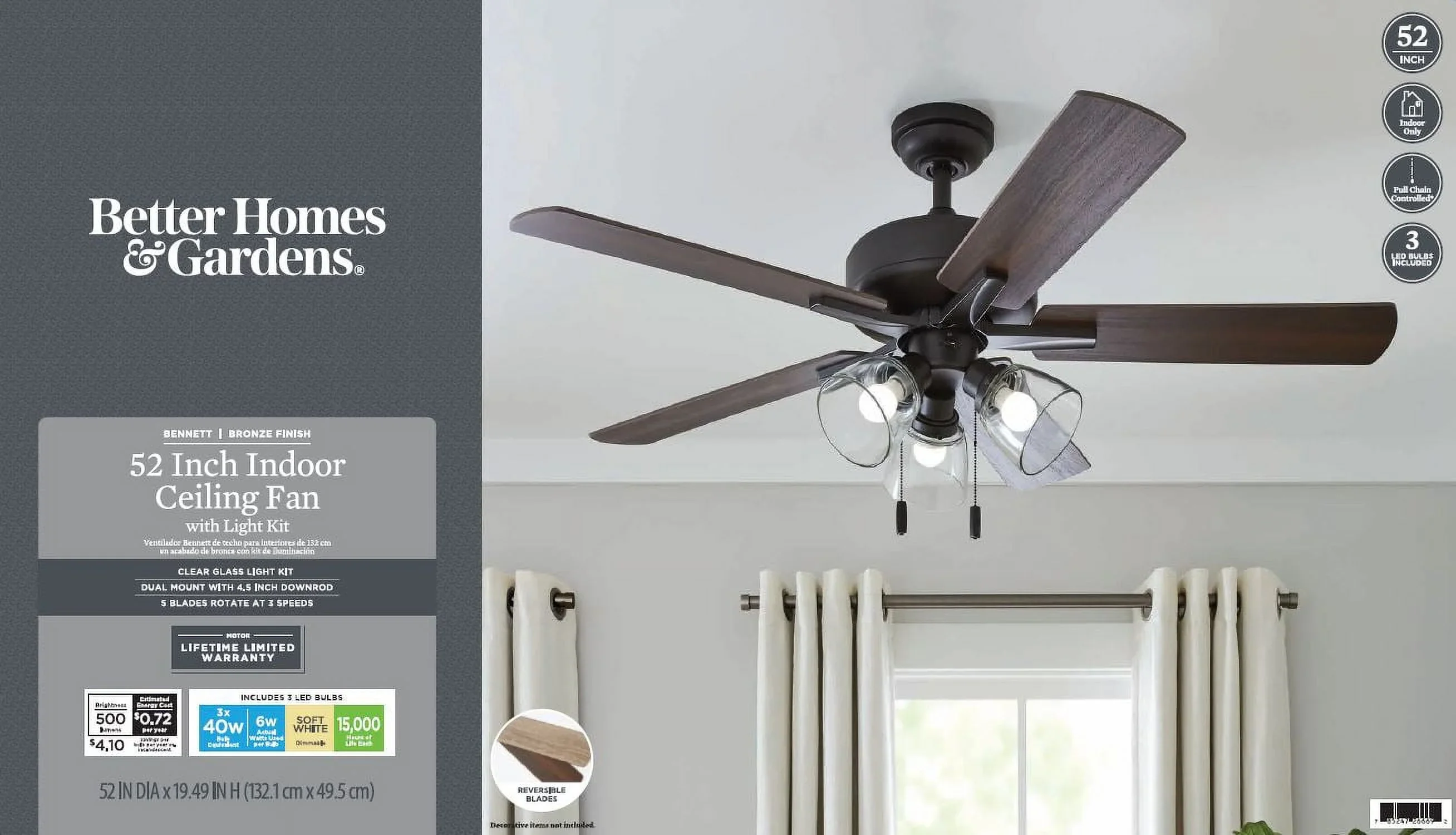 Better Homes & Gardens 52 Bronze Transitional Ceiling Fan, 5 Reversible Blades, 3 LED Bulbs Included