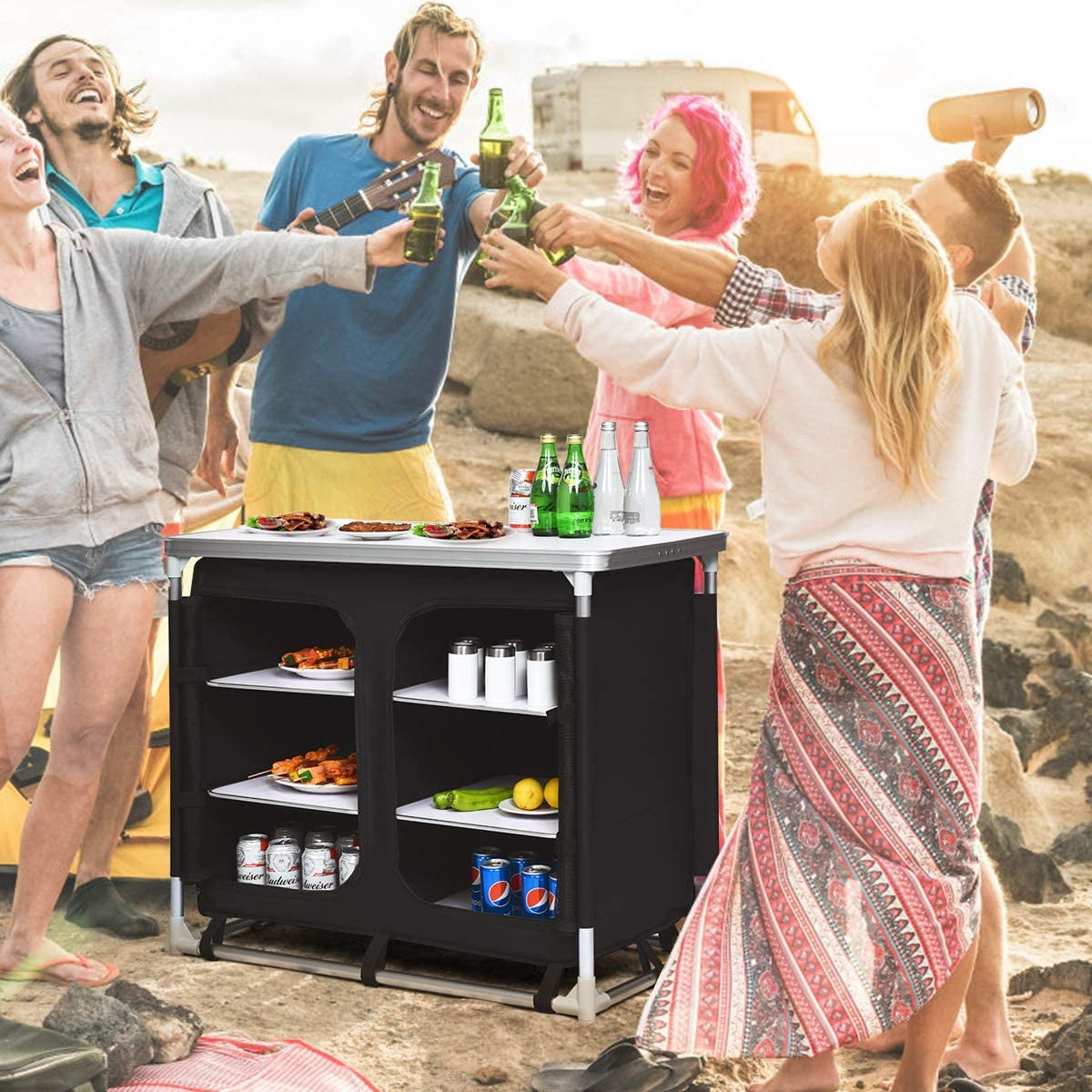 Cook Table Kitchen Station with Storage Organizer and Carrying Bag. for BBQ Party. Picnics. Backyards. Tailgating. Portable. Black