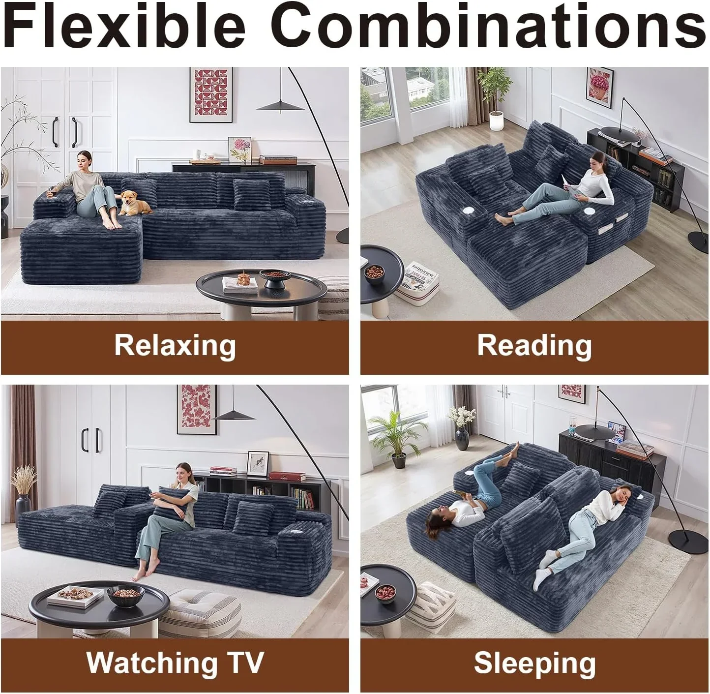 Canapé d'angle Cloud avec fauteuil inclinable en L et porte-gobelet intégré