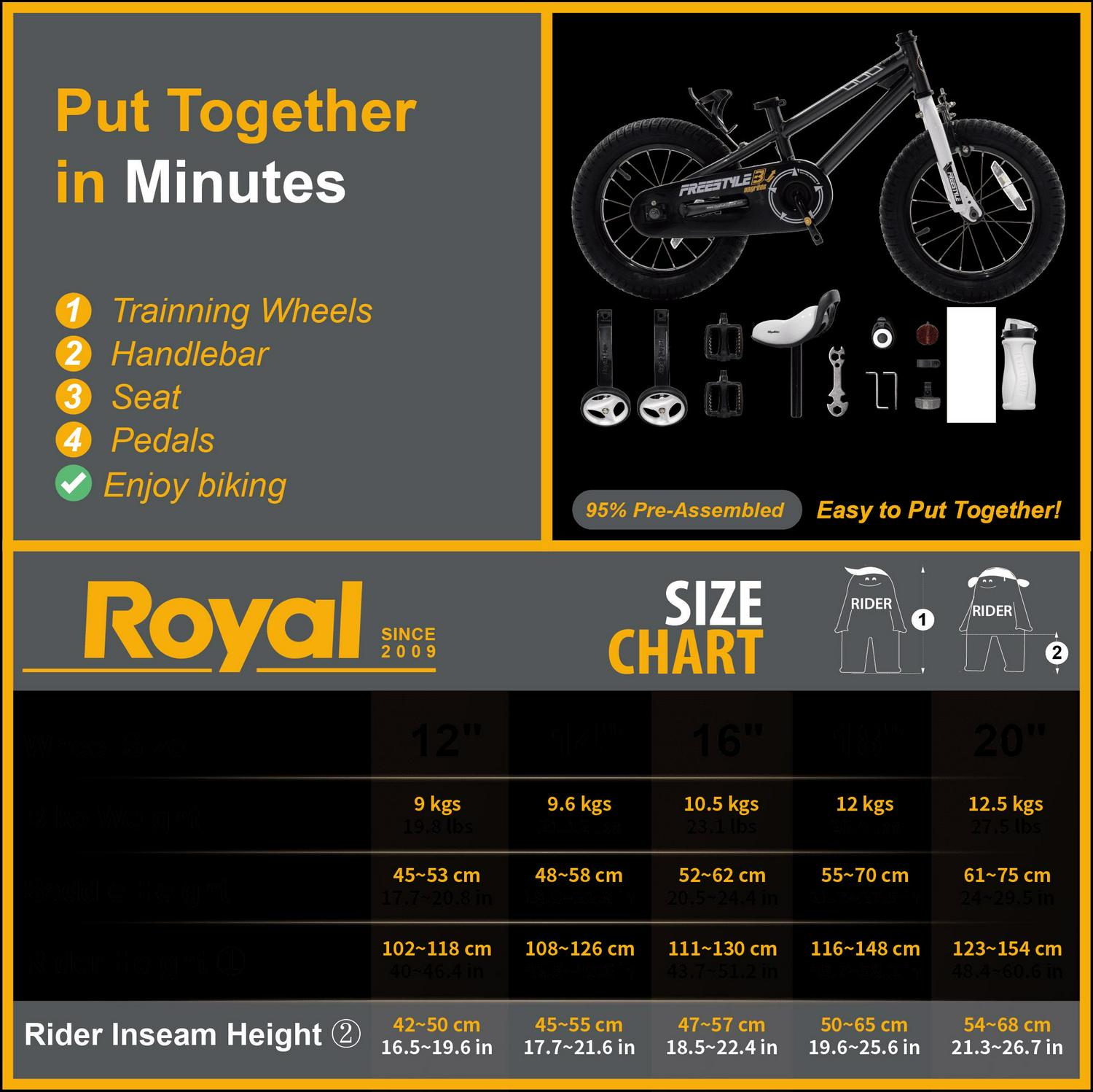 Royalbaby Boys Girls Kids Bike 14 in BMX Freestyle Black 2 Hand Brakes Bicycles with Training Wheels Child Bicycle