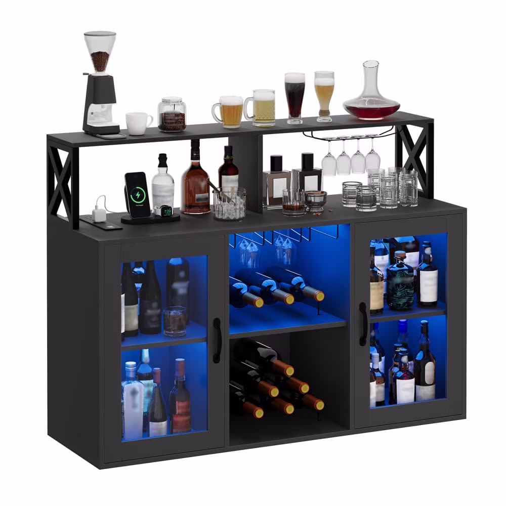 Bar Cabinet for Home, Wine Cabinet with Power Outlets, Led Lights and and Glass Holder, Liquor Cabinet with Storage, Racks for Home, Kitchen(Retro Gray) - Image 3