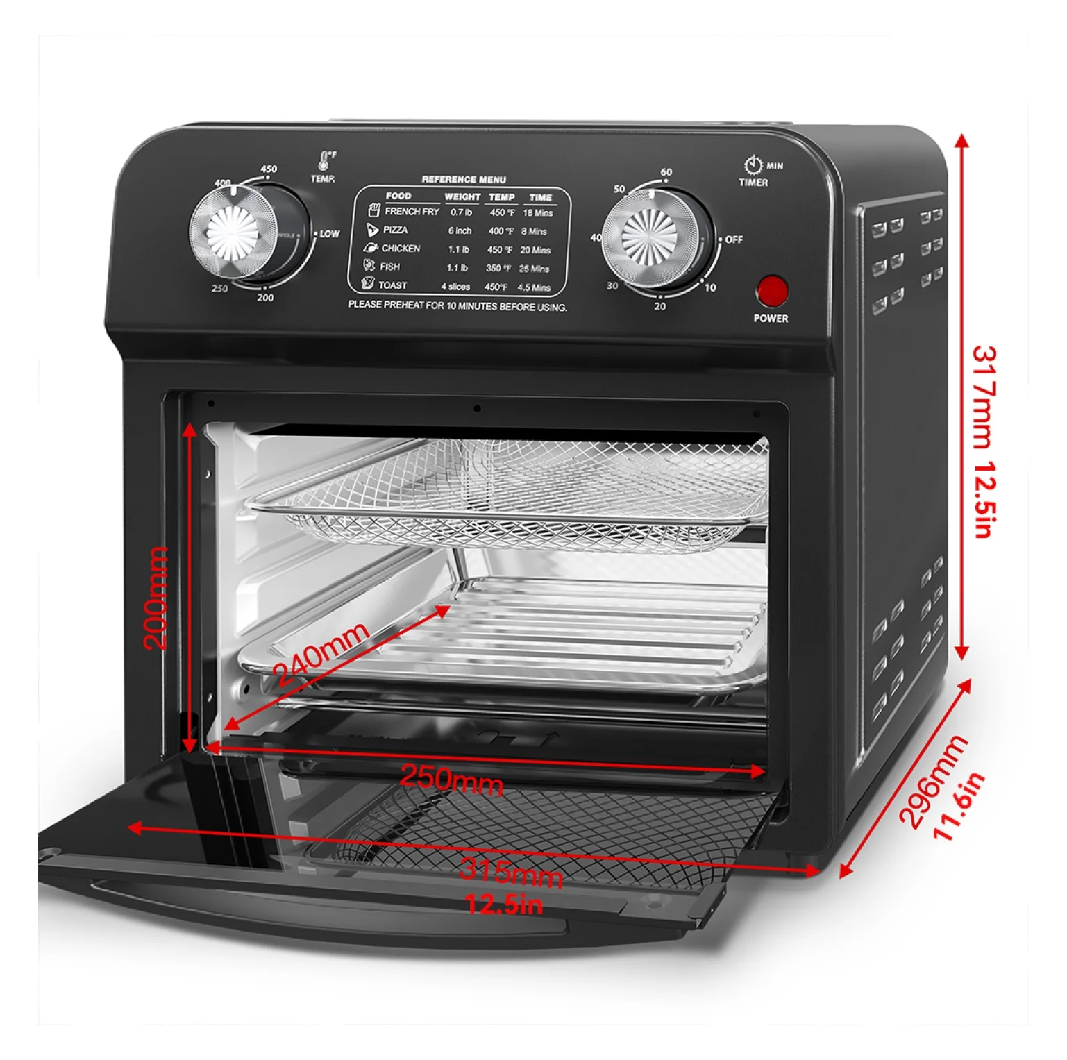12.5 Quart 7 - in - 1 Convection Toaster Oven, 1500W, 5 Pre - Set Menus, Roast, Bake, Grill, Broil, Toast, Dehydrate, Defrost, Stainless Steel, Black