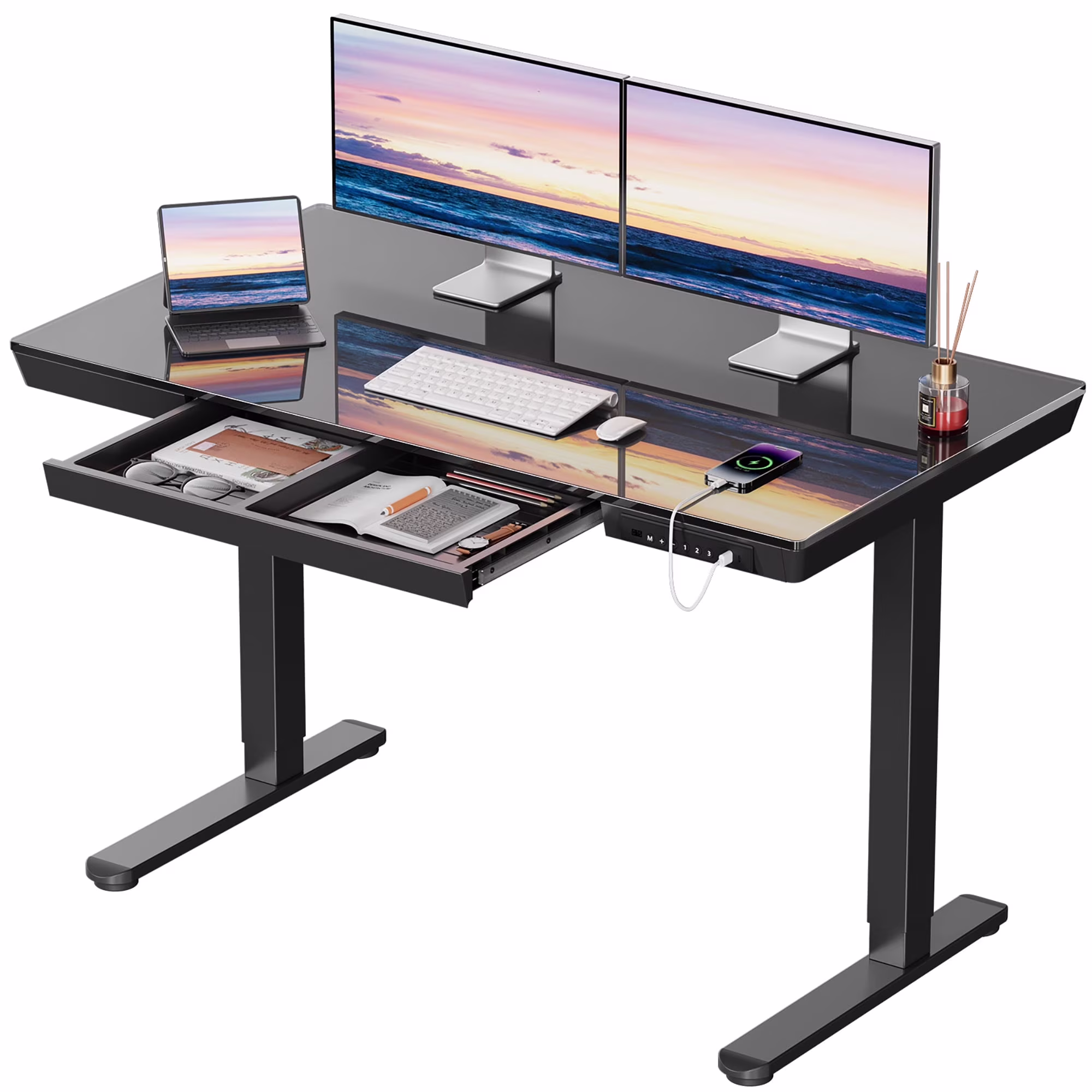 Glass Top Electric Standing Desk with Drawer, 48'' x 24'' Electric Height Adjustable Desk with USB Charging Ports, Sit Stand up for Home Office(48" x 24"/White Glass-top) - Image 3