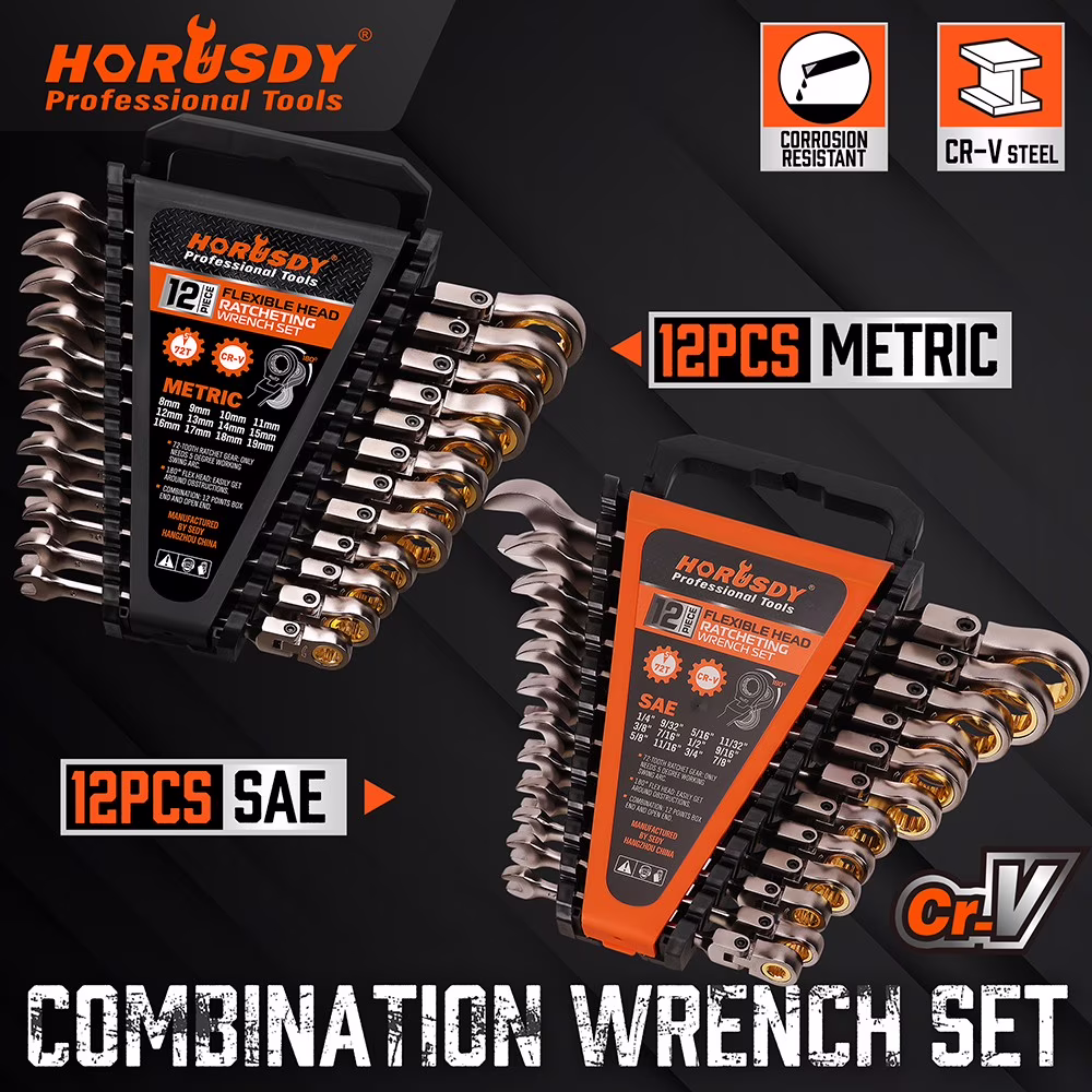 24PC Flex-Head Ratcheting Wrench Set Metric & SAE w/ Organizer 8-19mm 1/4-7/8