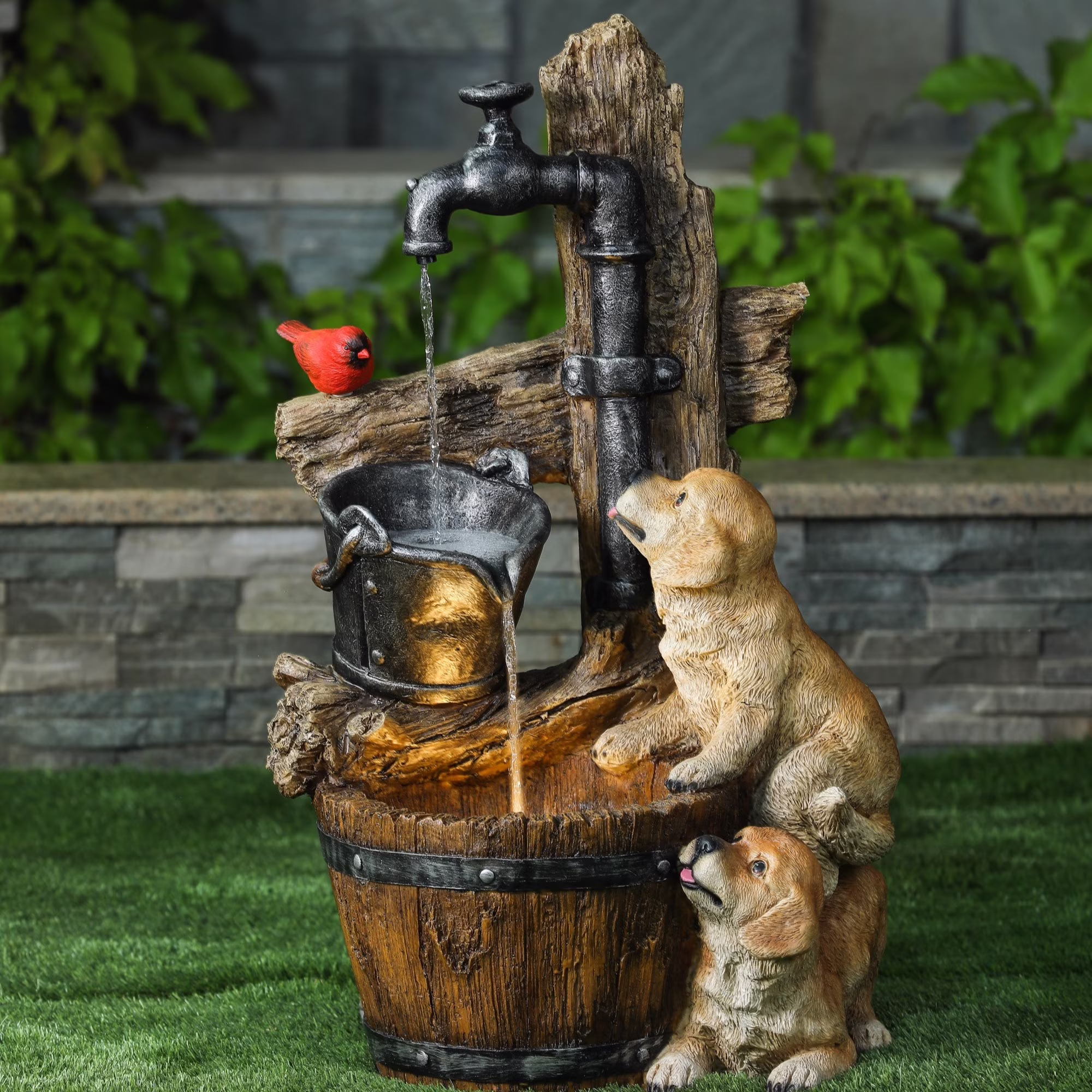 LuxenHome 25 Garden Water Fountain, Whimsical Puppy Dog Resin Water Fountain Outdoor with LED Lights