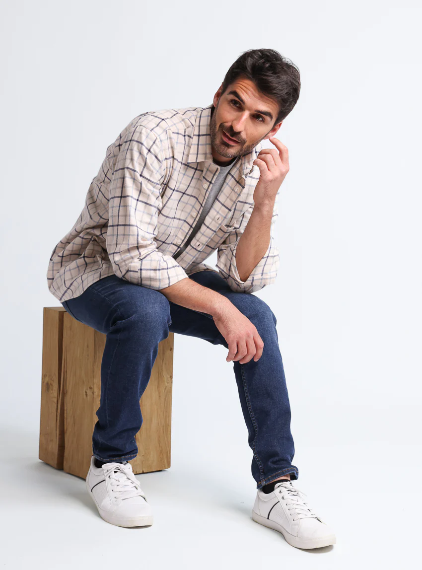 Chemise homme à motifs coton et laine carreaux bleu nuit