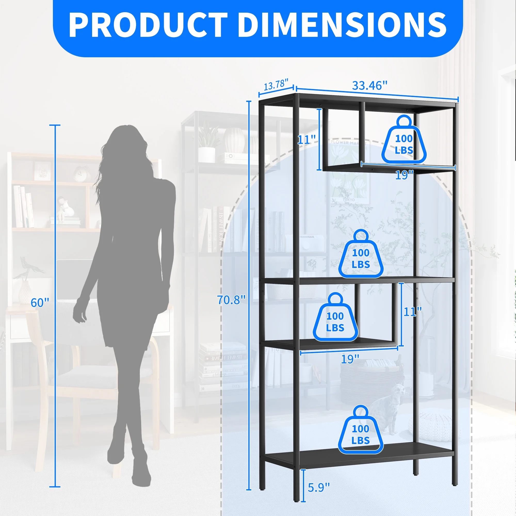 Modern Storage Shelf with 4 Compartments Metal Legs, Freestanding Organizer,Book Shelves Display Shelves for Living Room, Bedroom, Home Office - Image 6