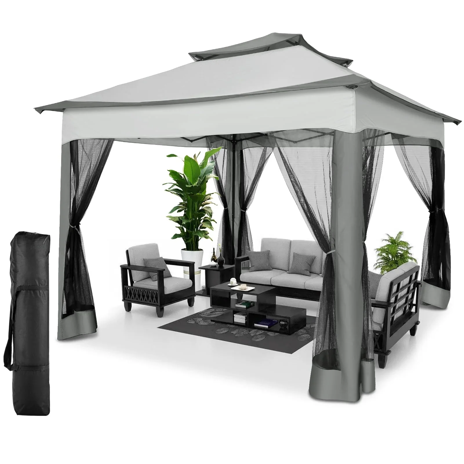 SANOPY 11 x 11 ft Outdoor Patio Gazebo with Ventilated Double Roof and Mosquito Net, Pop up Steel Gazebo Tent for Patios, Backyard, Garden and Beach