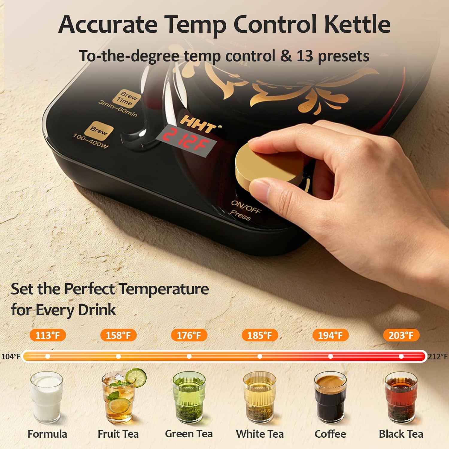 HHT Electric Tea Maker with Infuser, ±1 ℉   Precise Temperature Control, Glass Electric Kettle for Herbs, Flowers, Fruit Tea and Loose Leaf, BPA-Free, Auto Shut-Off, Brewing Program, Keep Warm, 0.8L