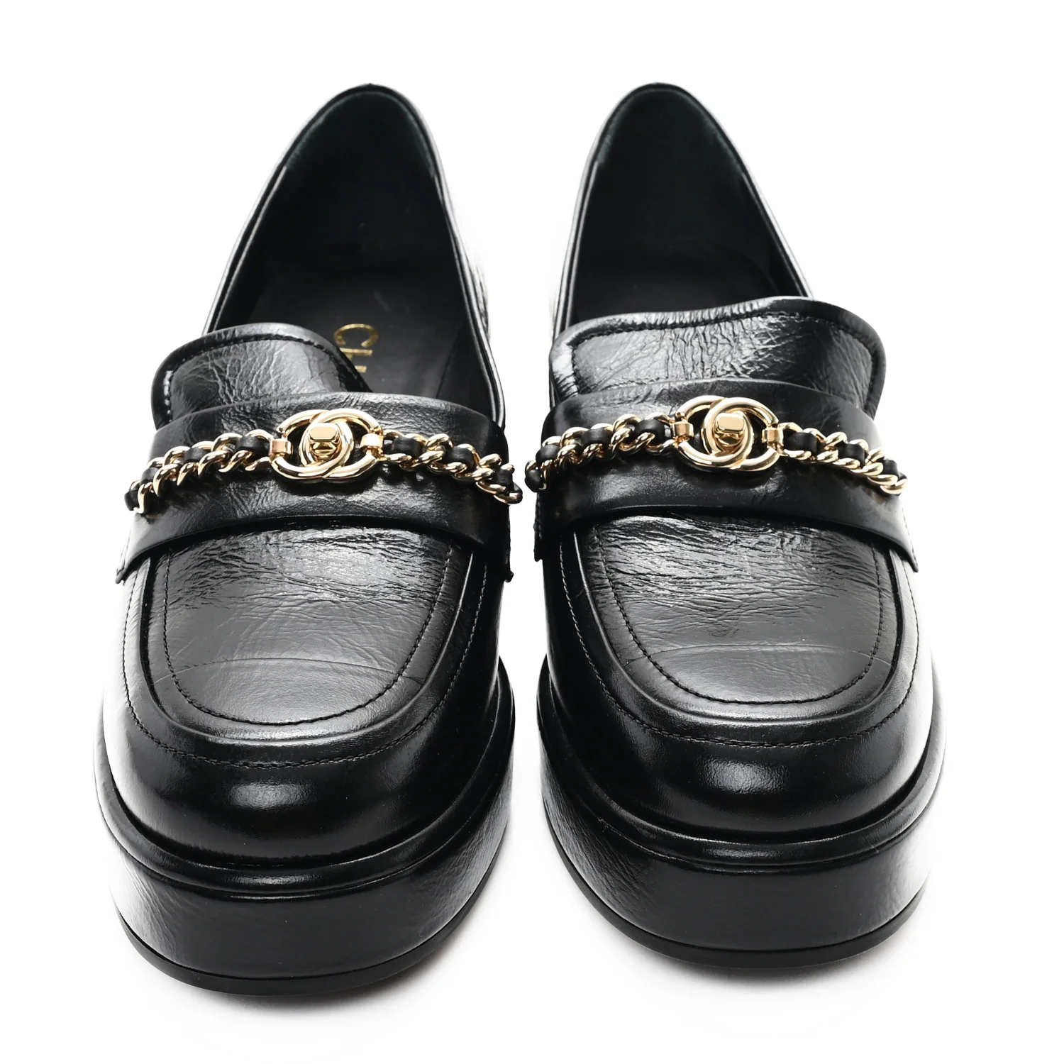 Shiny Calfskin Logo Loafers 36.5 Black