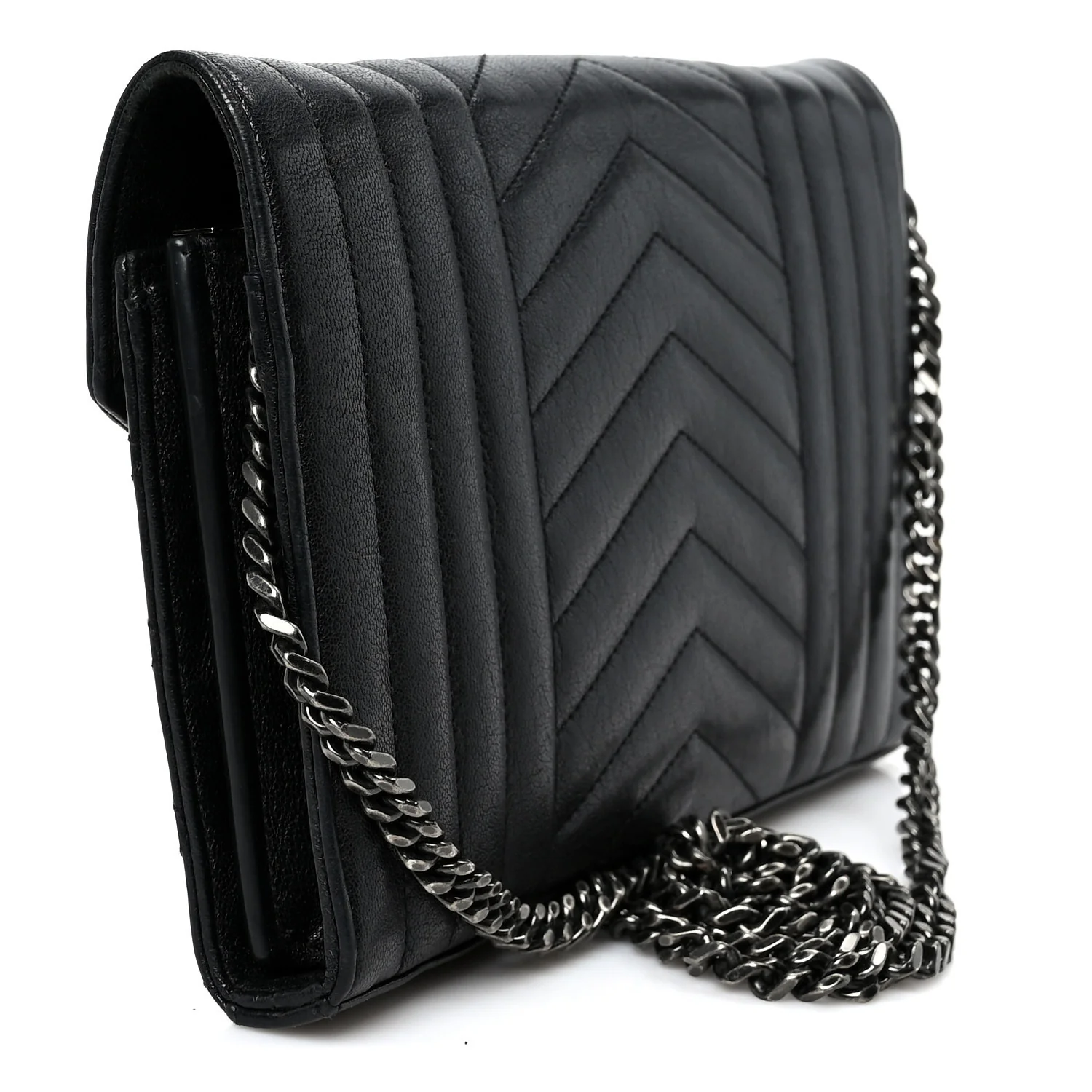 Sheepskin Tri-Quilt Monogram Envelope Chain Wallet Black