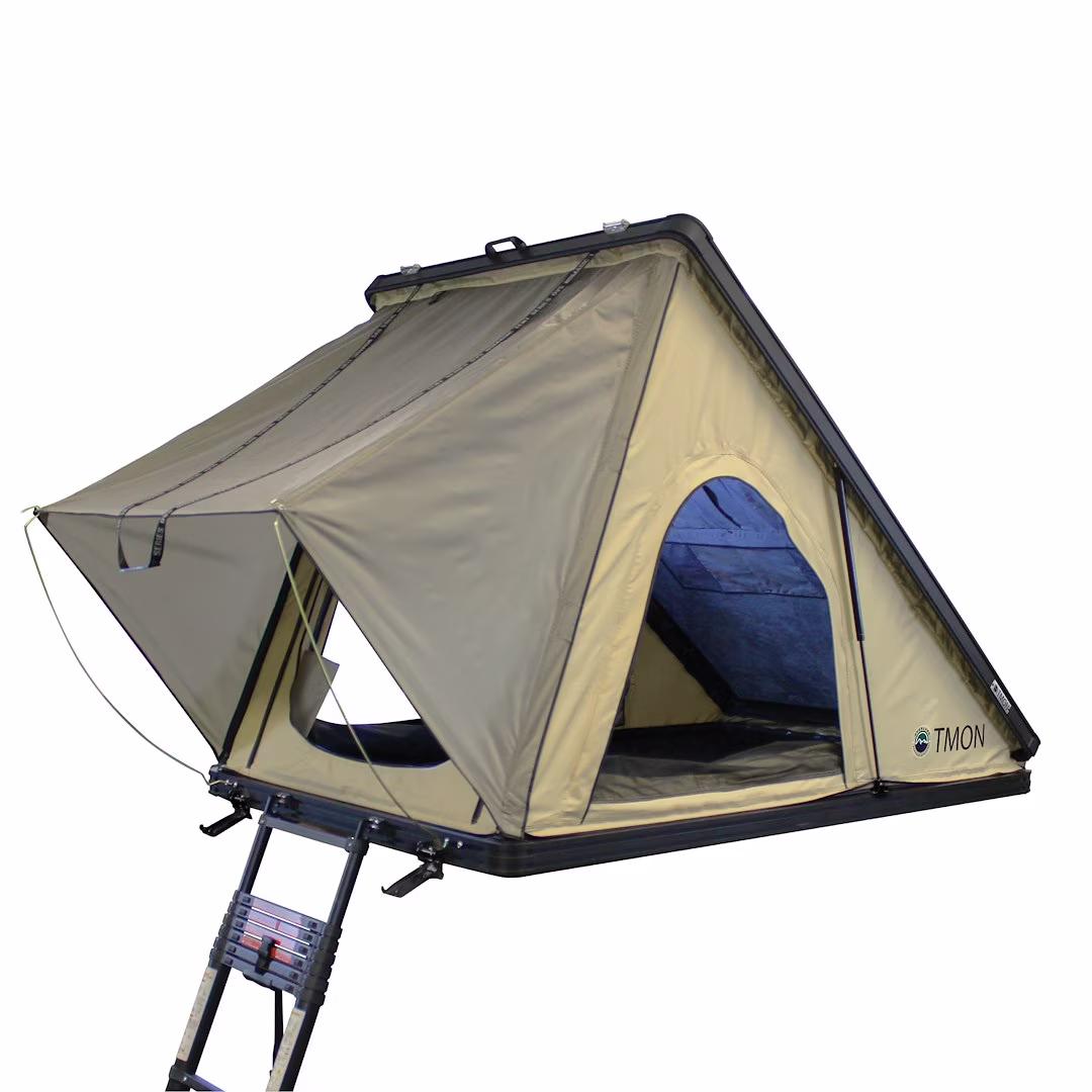 LD TMON Clamshell Aluminum Hard Shell Roof Top Tent 2 Person Capacity, Tan Body Green Rainfly