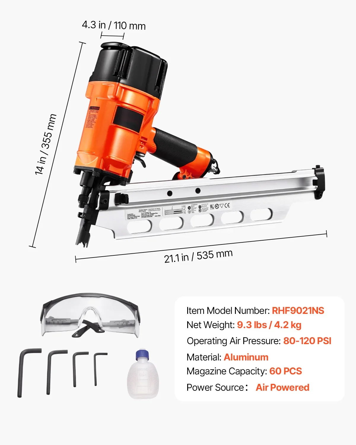 KFFKFF Nail Gun, 2 to 3-1/2 21 Degree Full Round Head, Pneumatic with Dual Firing Options & No-Tool Depth Modification, 80-120PSI Professional Air Powered Tool for Floor, Deck & Frame Construction
