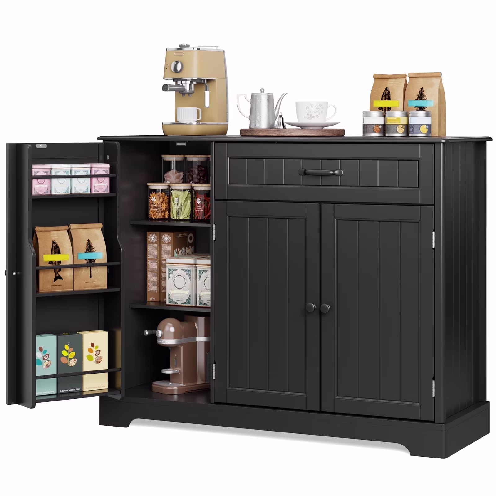 Coffee Bar, 42" Kitchen Storage Cabinet, Sideboard Buffet Cabinet with 8 Shelves, 1 Drawer(White) - Image 3