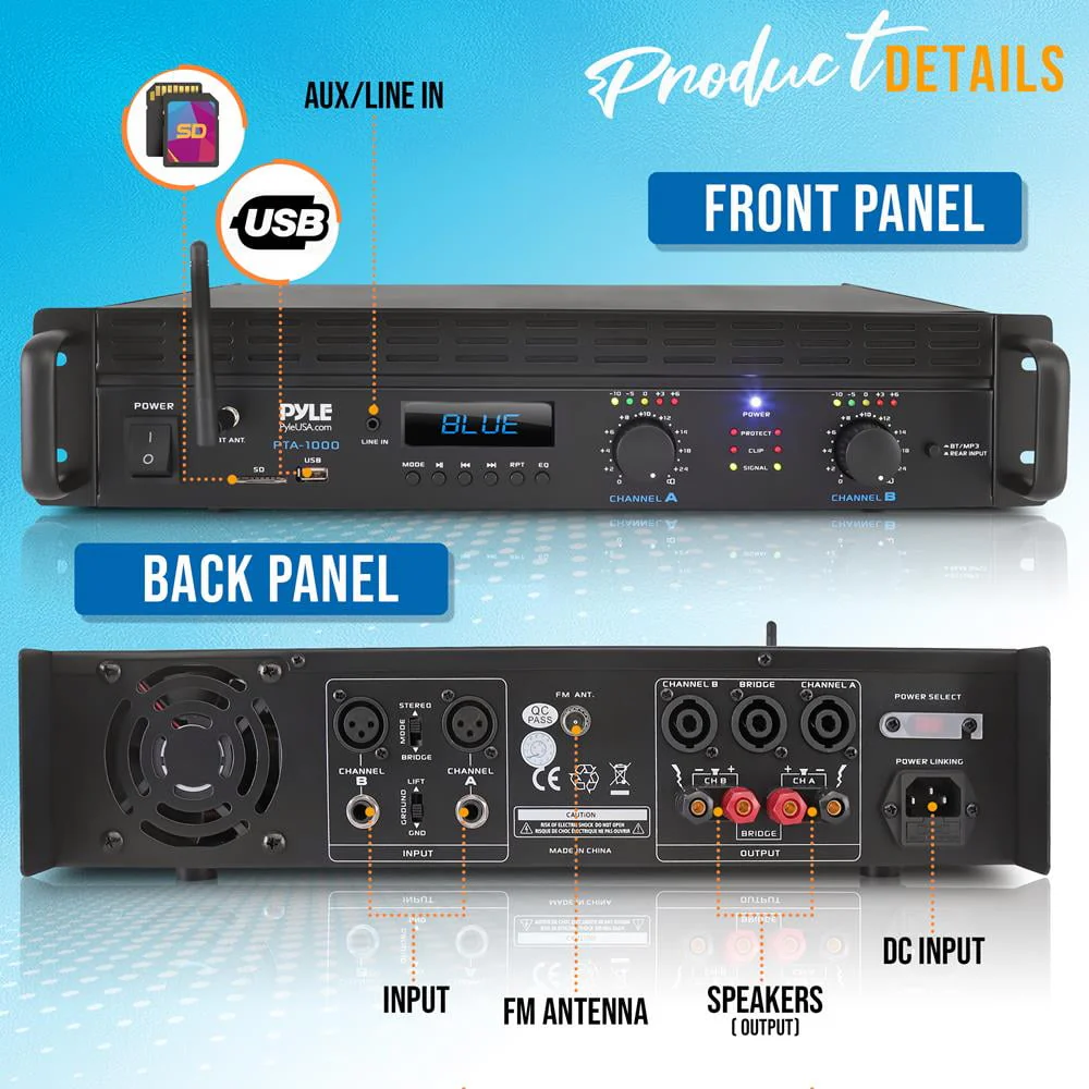 Pyle 2 - Channel 2000W Bridgeable Rack Mount Pro Audio Sound Wireless Home Stereo Receiver Amplifier
