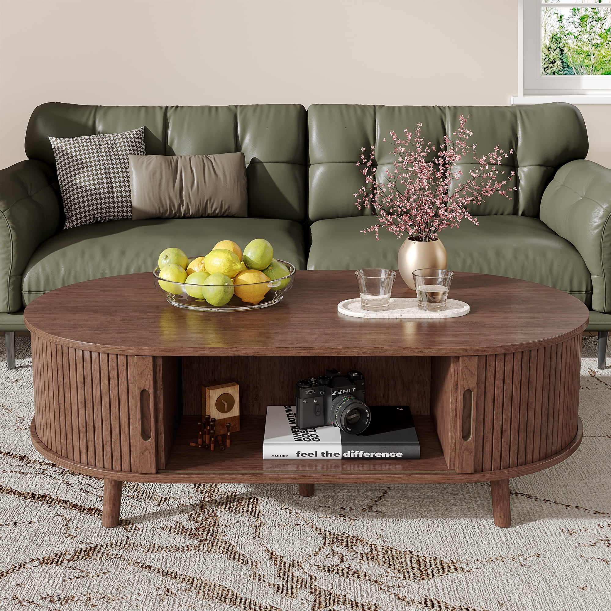 Oval Coffee Table, 42.5" Drum Coffee Table with Sliding Tambour Door, Fluted Accent Center Table with Storage, Mid Century Modern Coffee Table for Living Room, Center Table Walnut - Image 4