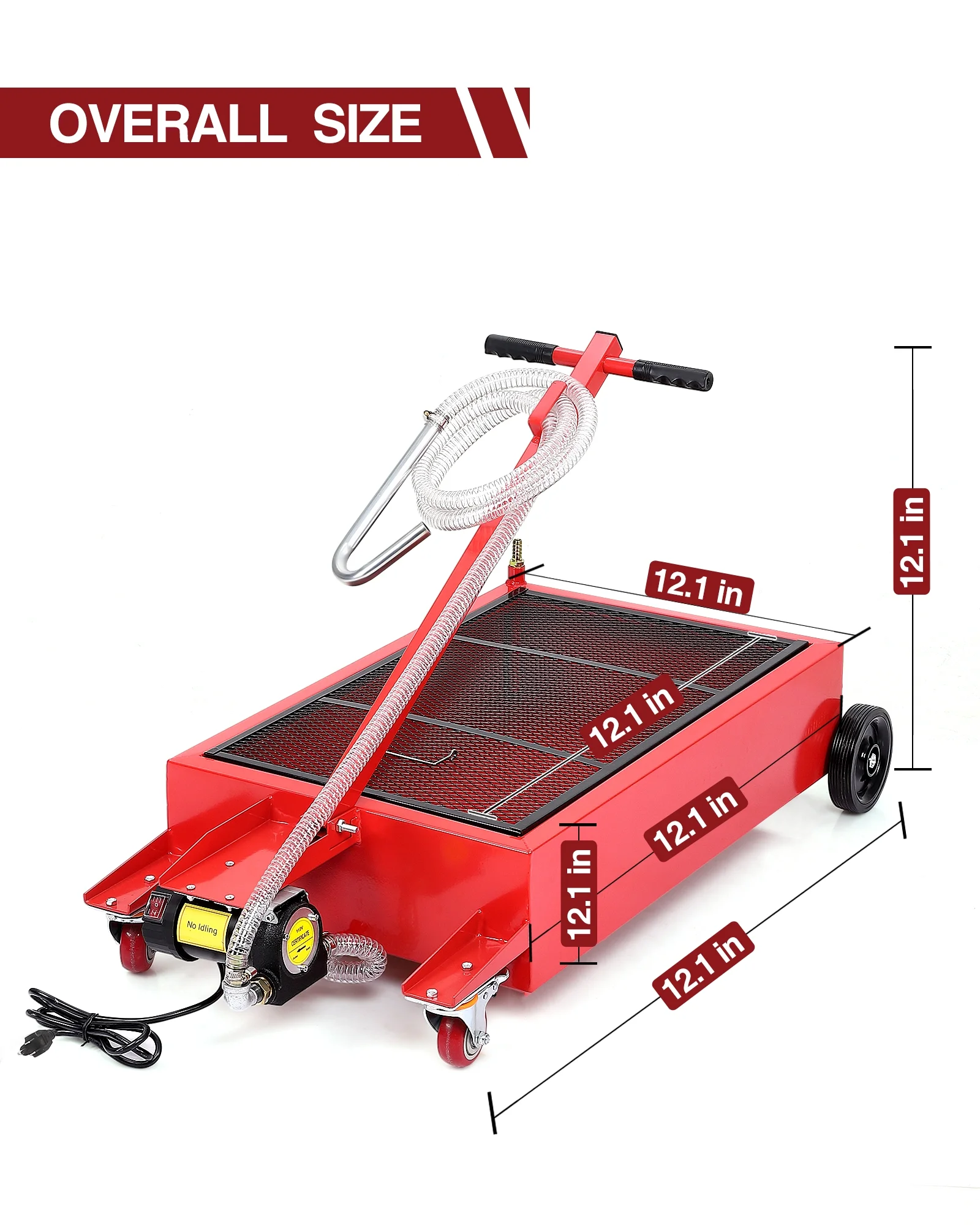 20 Gallon Electric Oil Drain Pan with 110V Pump & 8 Ft Hose, Low Profile & T Folding Handle Oil Drain Cart for Truck Cars Suvs, Red