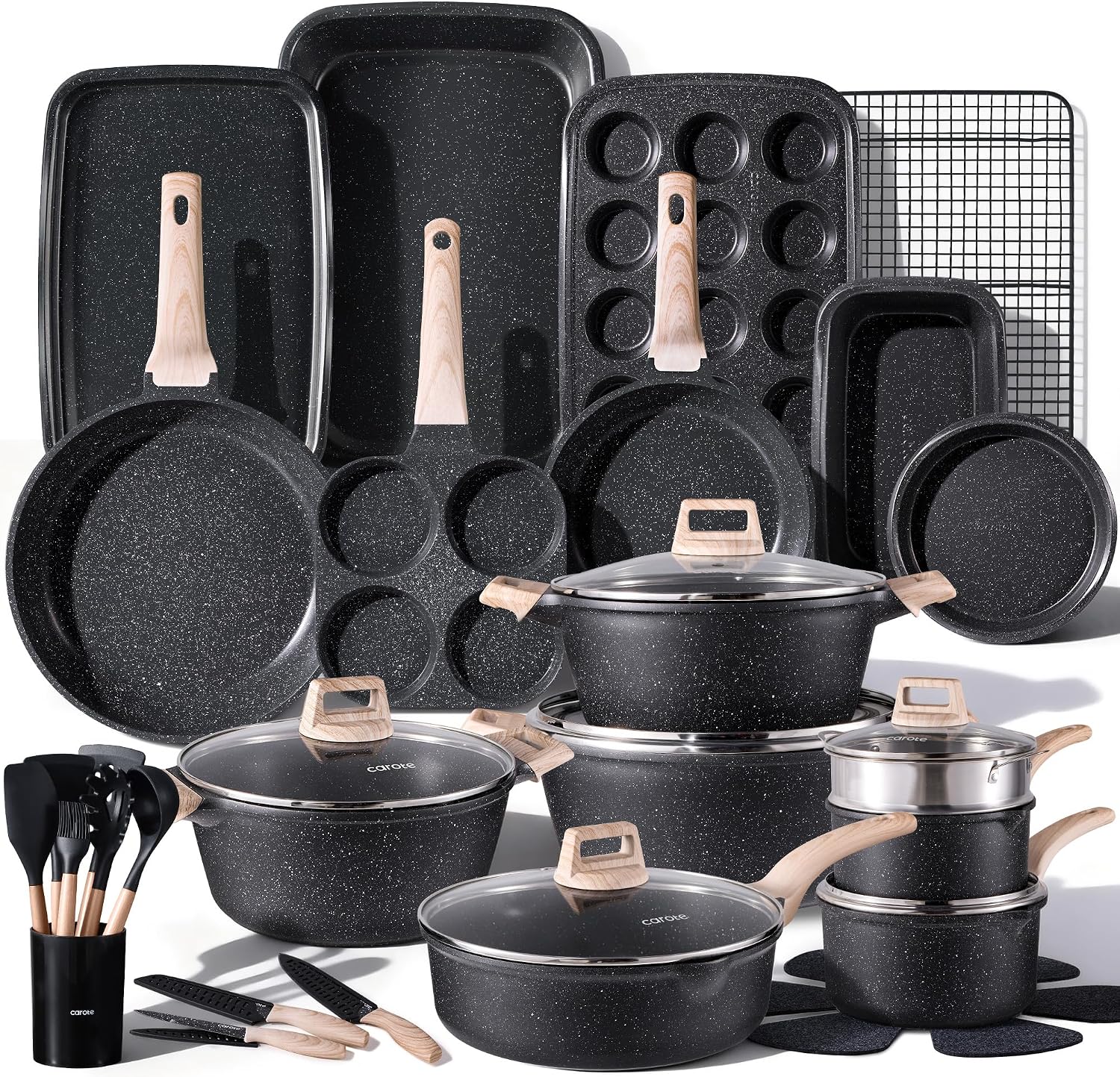 CAROTE 44pcs Nonstick Cookware Sets, Pots and Pans Set with Bakeware