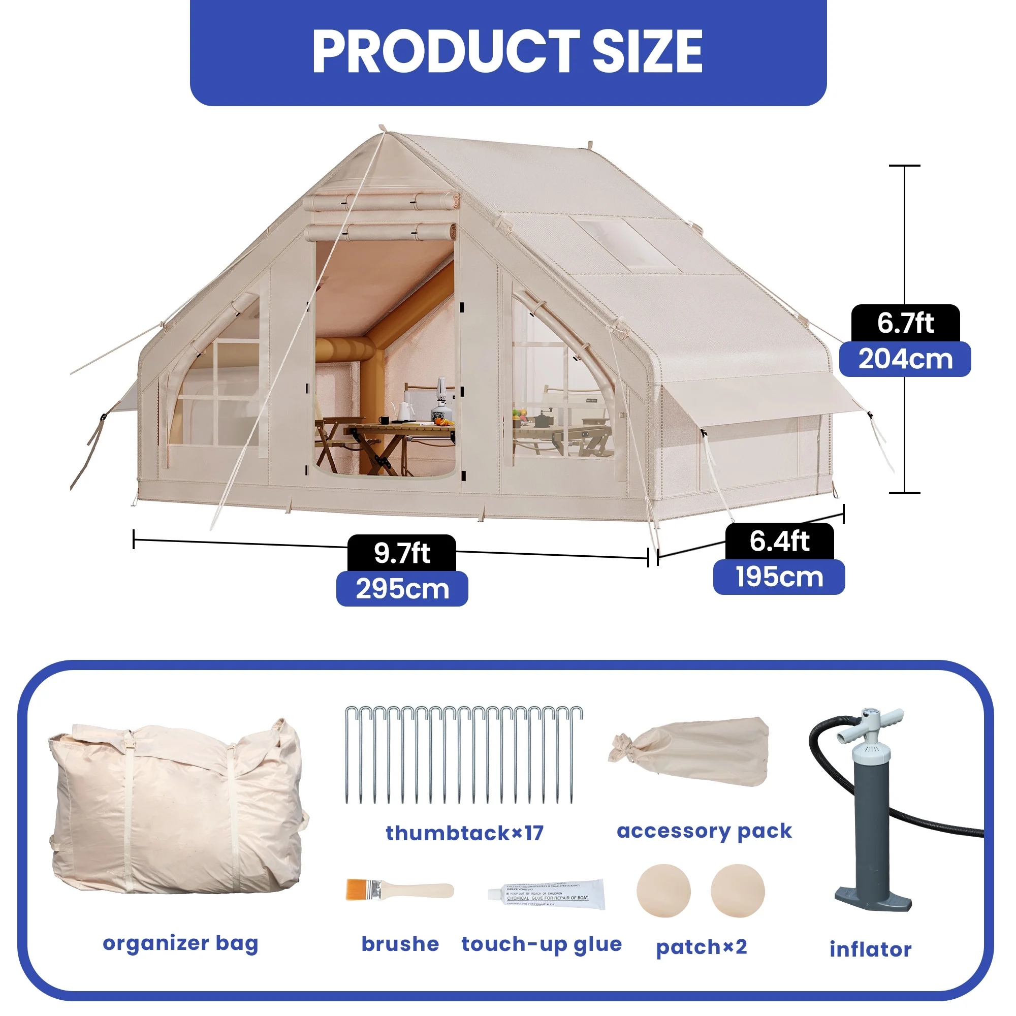 6-Person Portable Inflatable Camping and Glamping Tent �C Waterproof with Air Hose Pump in Beige - Image 9
