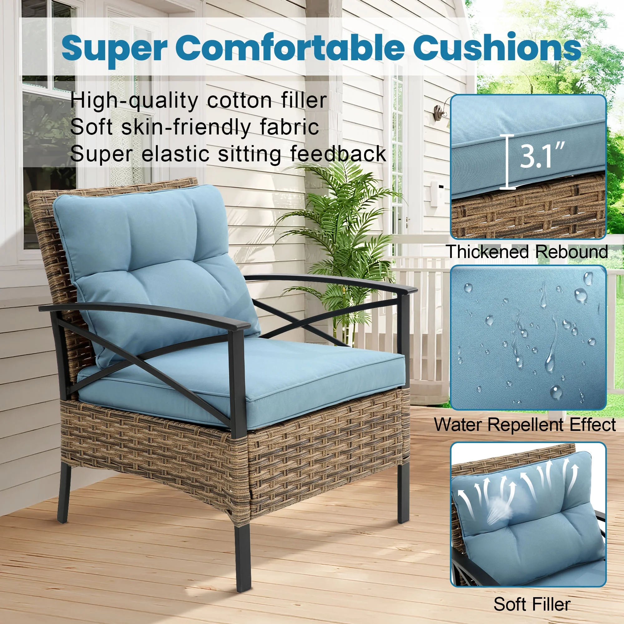 Heavy-duty Patio Furniture Set, 4 Piece Outdoor Sectional Conversation Sets, BrownPE Rattan Patio Sofa Set with Blue Cushions(Luxury-Blue) - Image 4