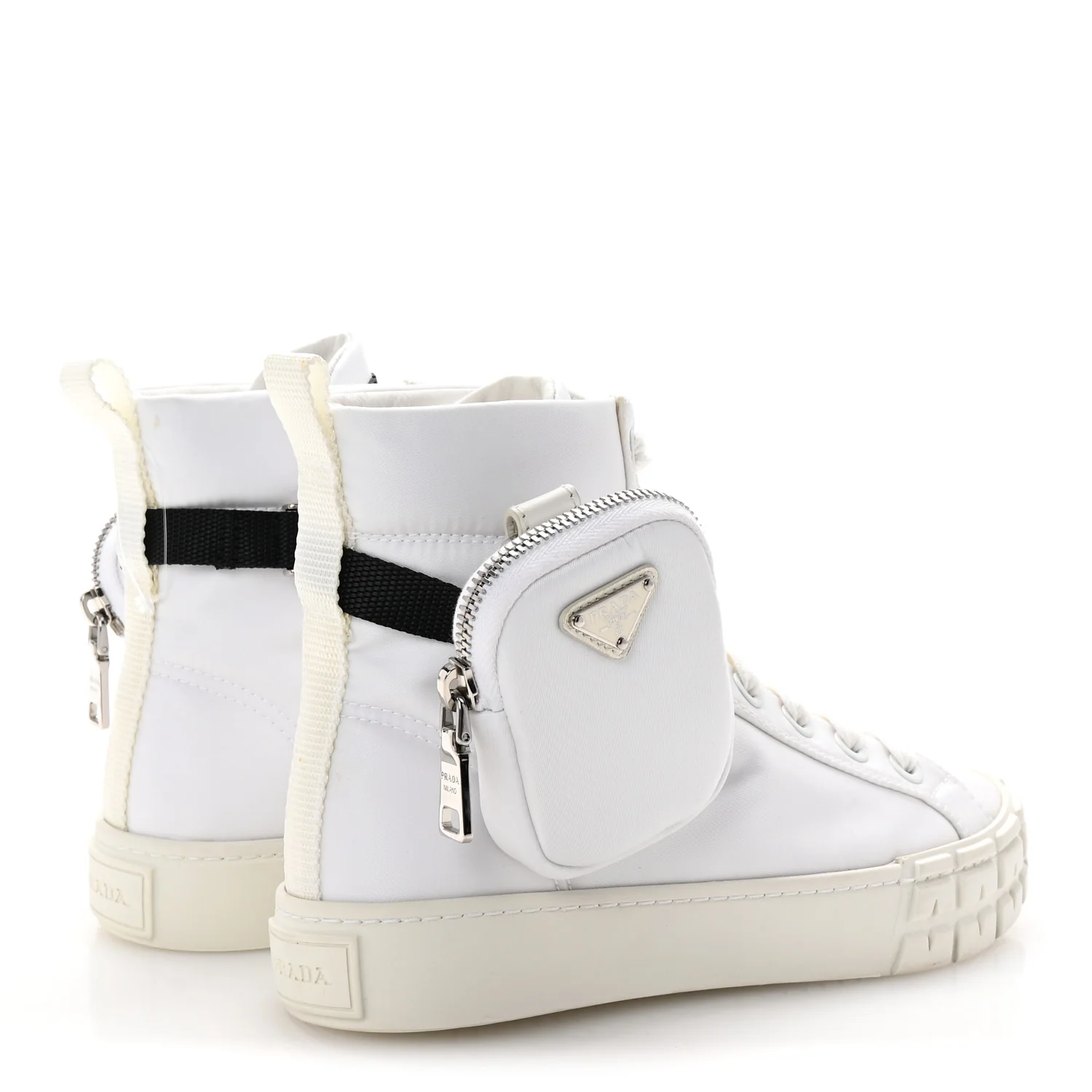 Re-Nylon Gabardine Metal Triangle Logo Wheel Pouch Pocket High Top Sneakers 36 White