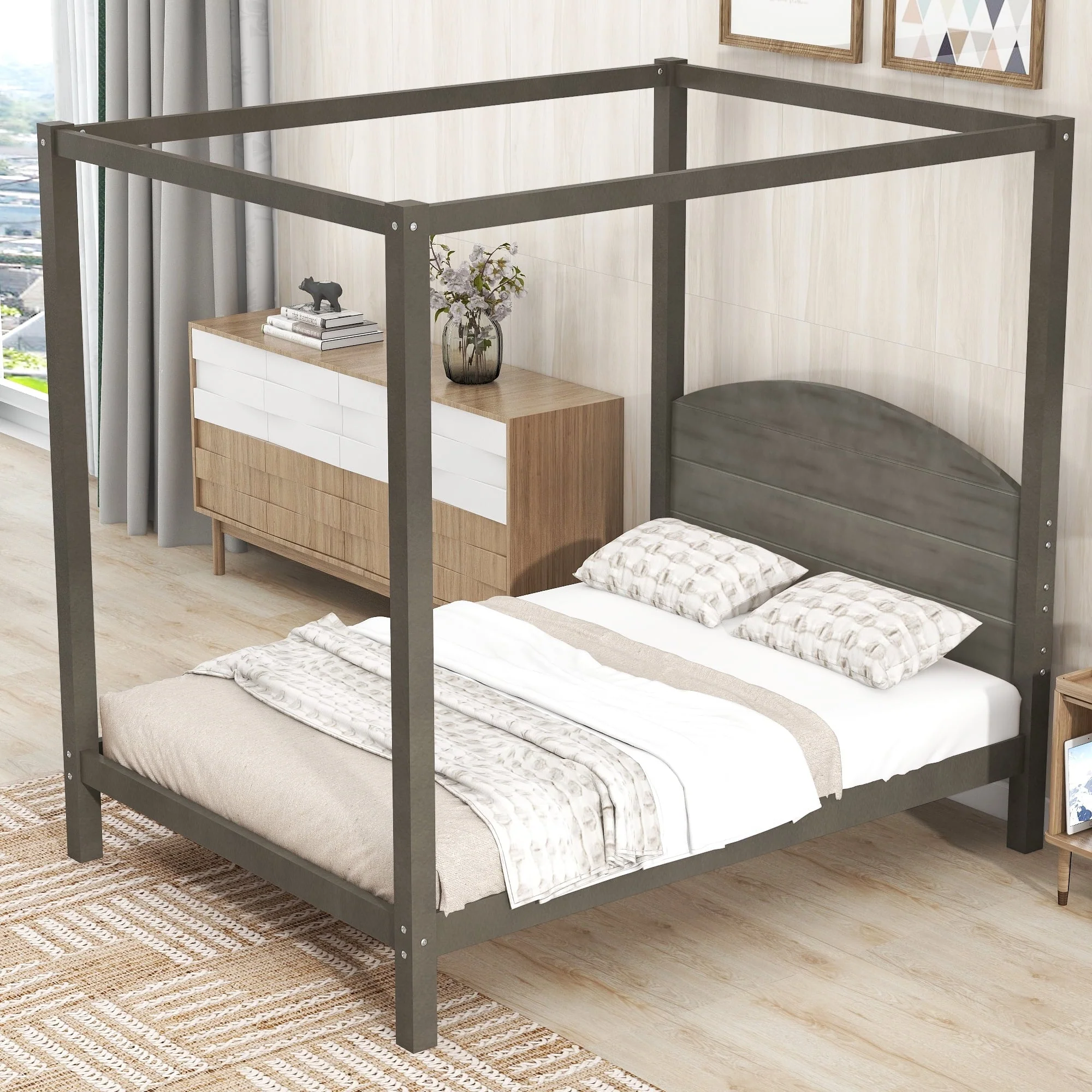 EUROCO Wood Full Size Canopy Bed, Solid Wood Platform Bed with Headboard for Kids Bedroom, Brown