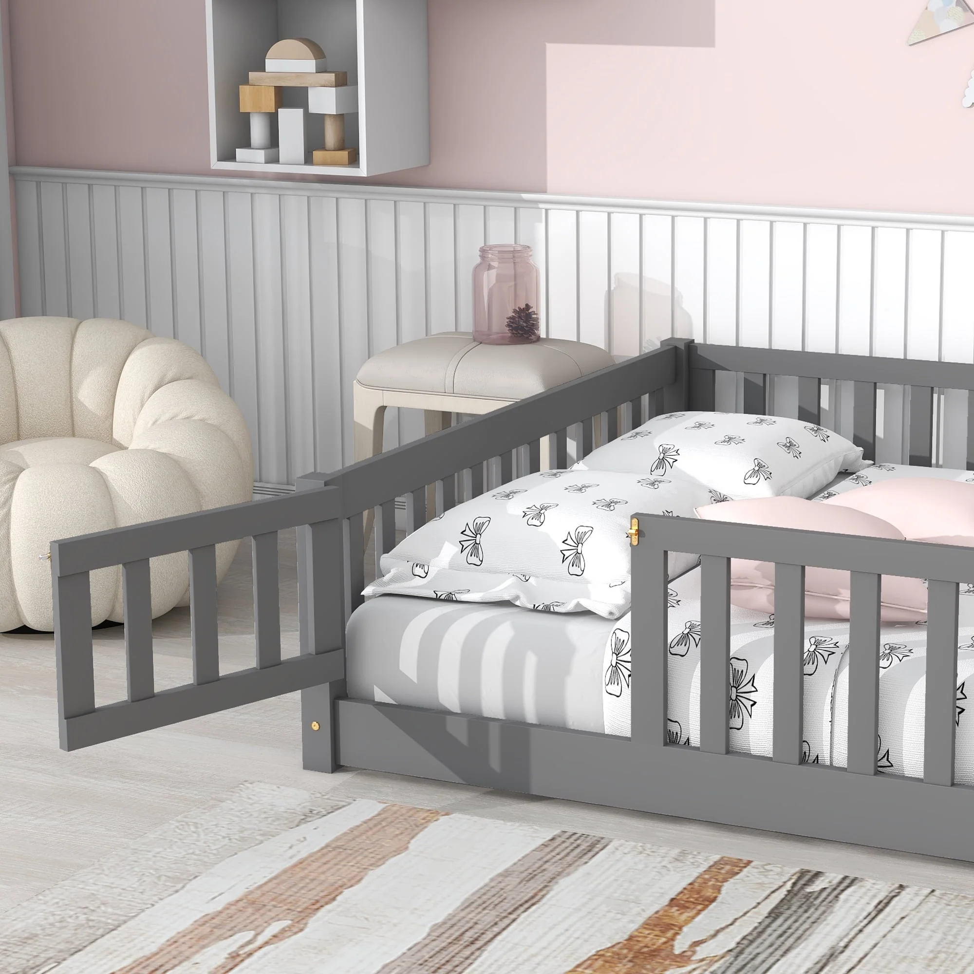Full Size Wood Floor Bed Frame with Fence and Door for Kids, Toddlers, Gray(Twin/Gray) - Image 4