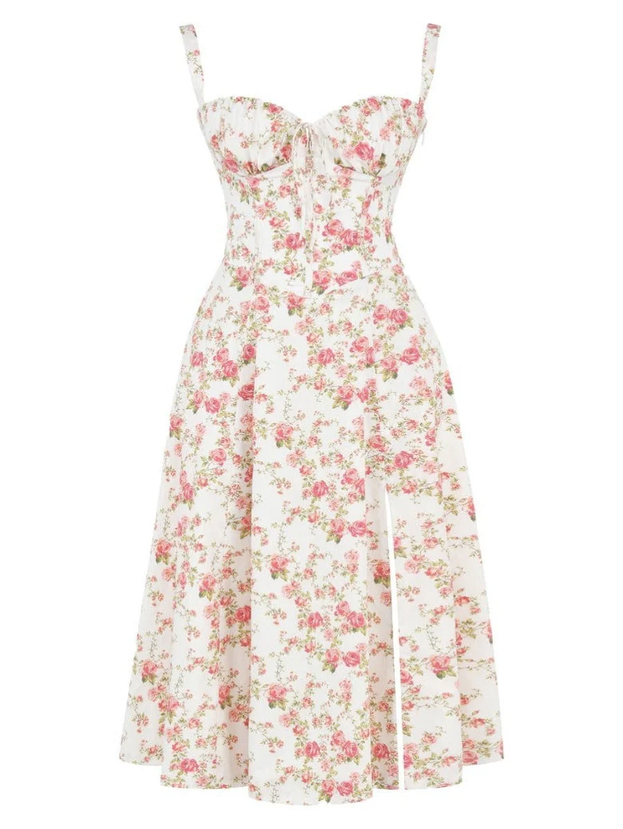 Robe moulante bustier à fleurs et taille découverte