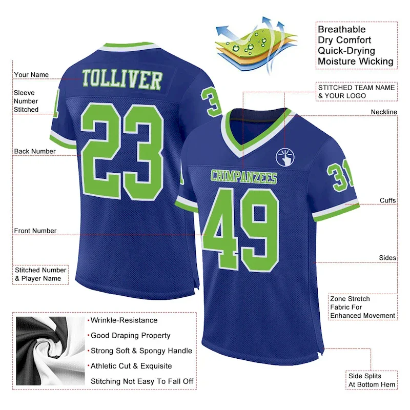 Custom Royal Neon Green-White Mesh Authentic Throwback rugby jersey