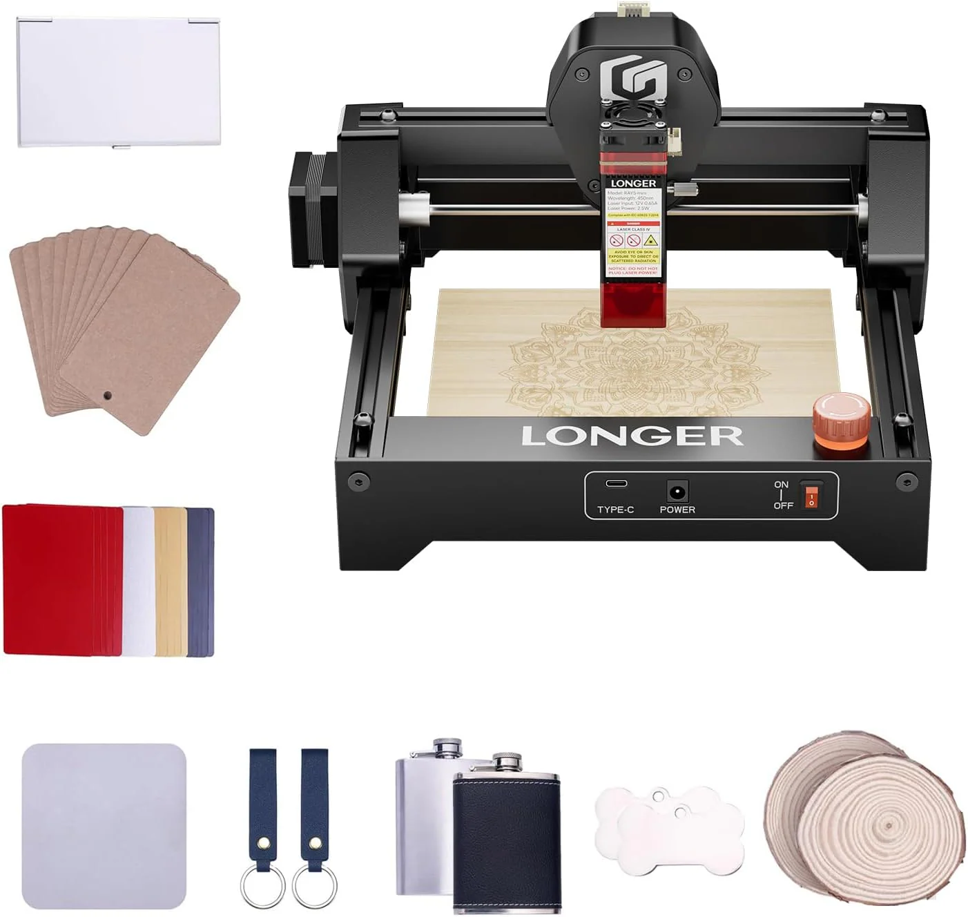 Graveur laser LONGER RAY5 Mini 2,5 W avec kit de 70 matériaux pour le bricolage, découpe haute vitesse (12 000 mm/min) pour bois, métal, acrylique, cuir, CNC DIY, zone de gravure 130 x 140 mm, Wi-Fi, arrêt d'urgence.