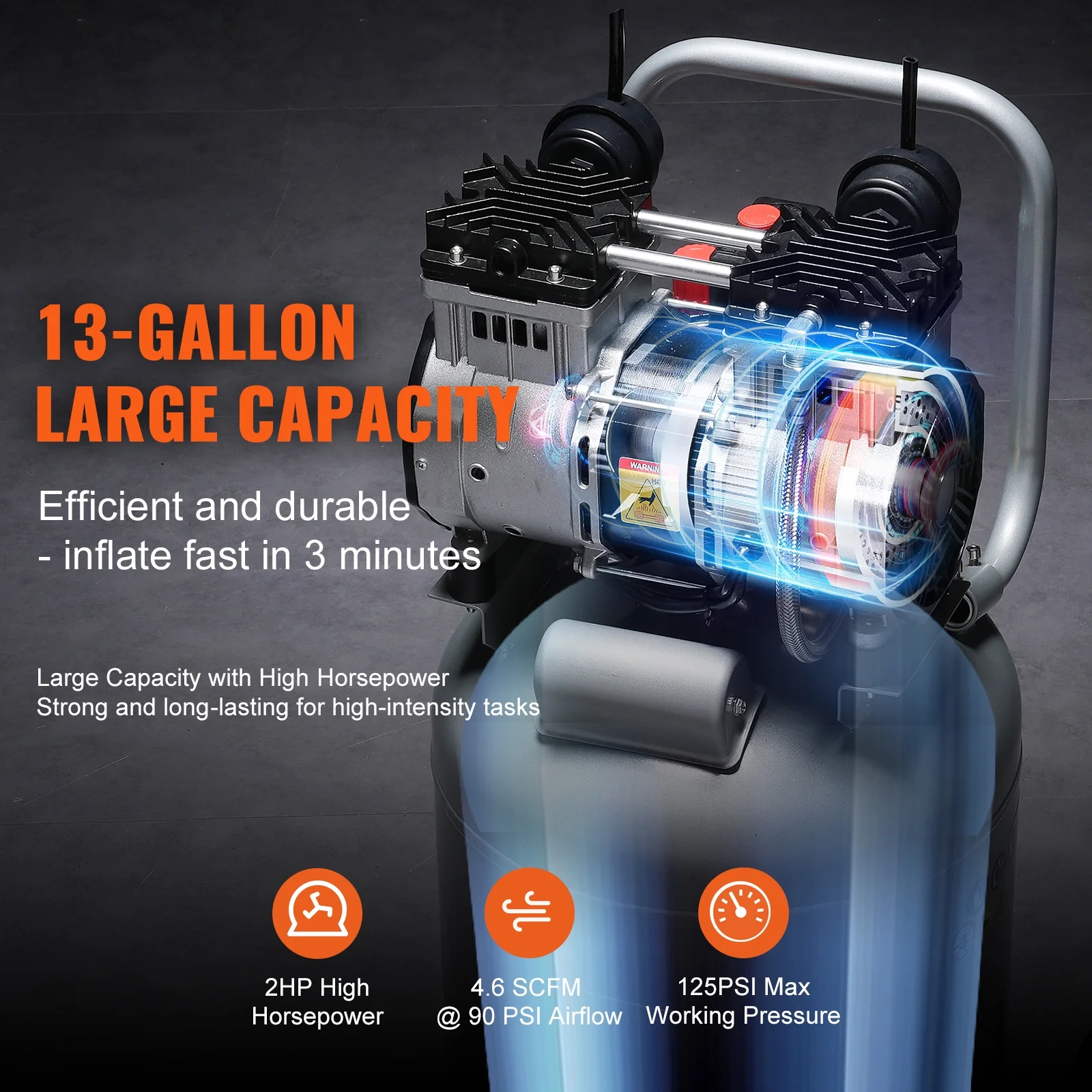 KFFKFF Air Compressor, 13 Gallon 2HP 4.6 Scfm@90psi Oil - Free Air Compressor Tank with 125PSI Max Pressure, 66db Ultra Quiet Compressor for Tire Inflation, Auto Repair, Spray Painting
