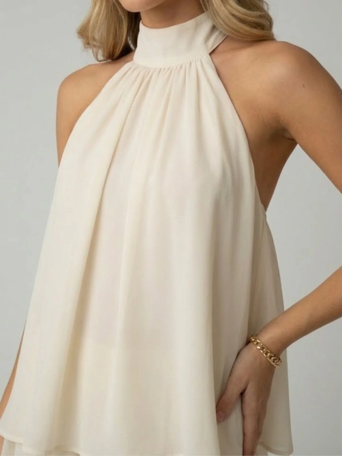 Robe mini sans manches à col licou pour femme avec ourlet à double volant