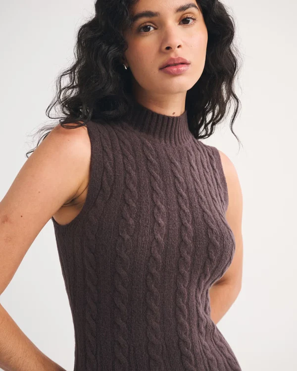 Mock Neck Cable Mini Sweater Dress - Dark Brown