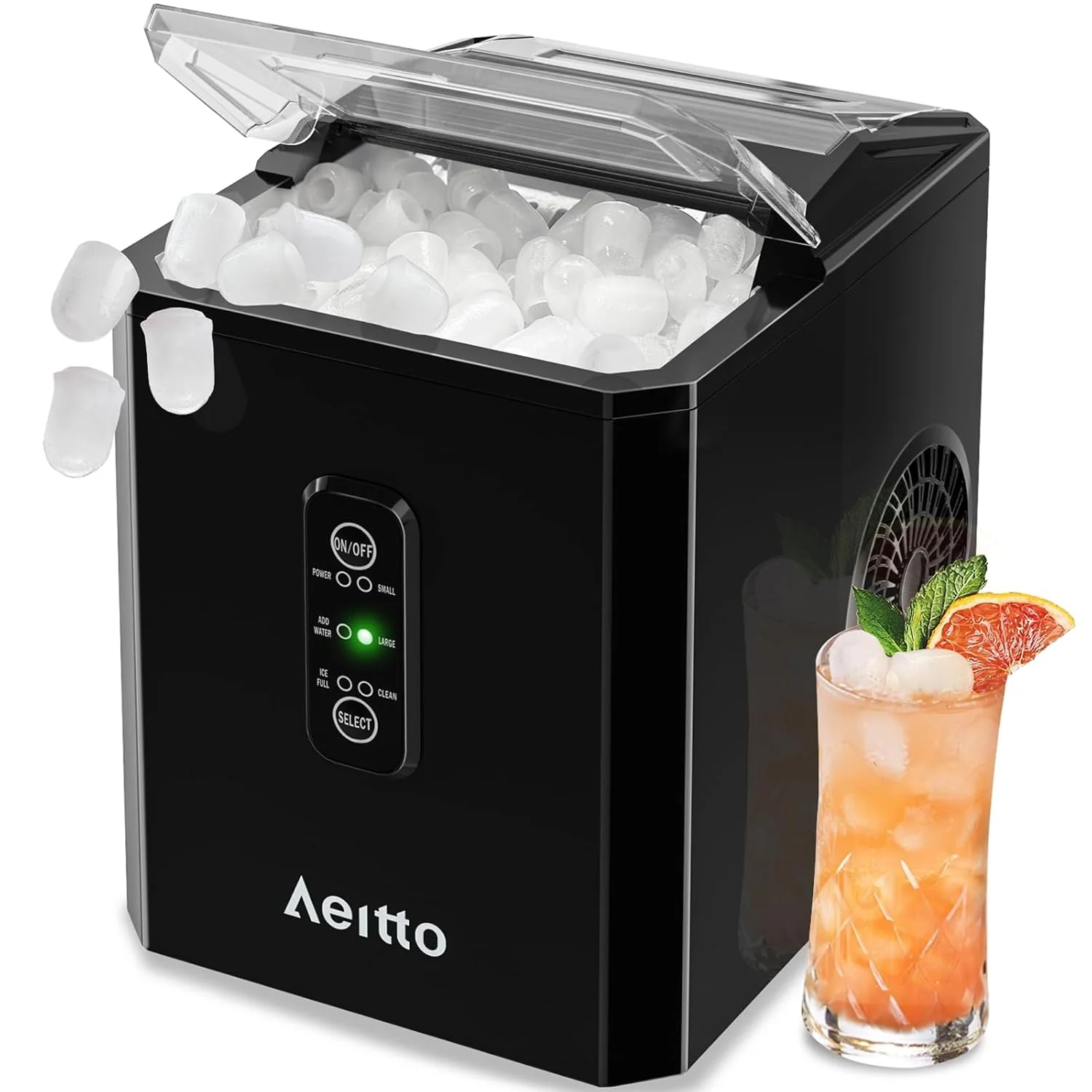 Machine à glaçons de comptoir Aeitto, 9 glaçons en 6 minutes, 12 kg/24 h, 2 tailles de glaçons, autonettoyante et portable, avec pelle et panier à glaçons, pour la maison, la cuisine, le bureau, le bar ou le camping-car, noire.