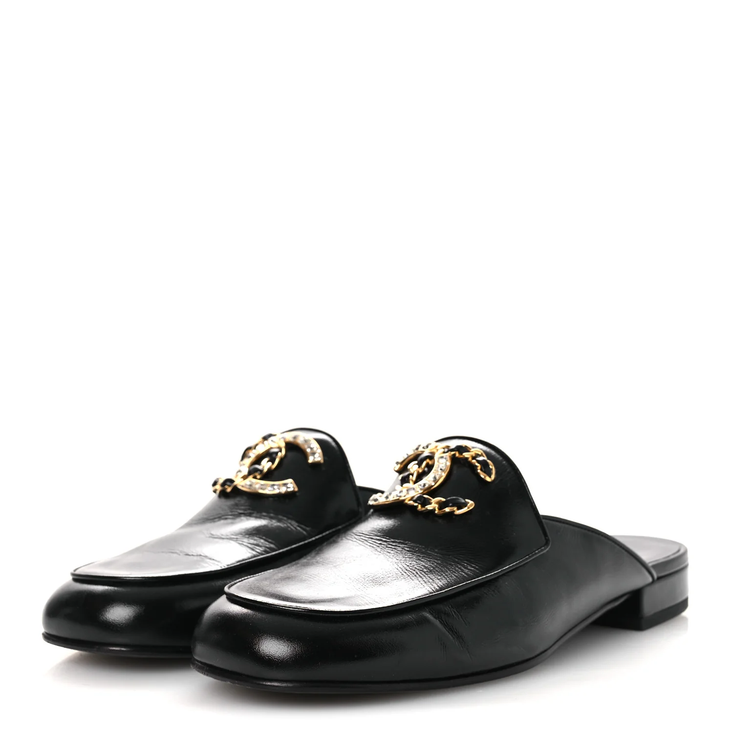 Shiny Calfskin Crystal CC Mules 41 Black