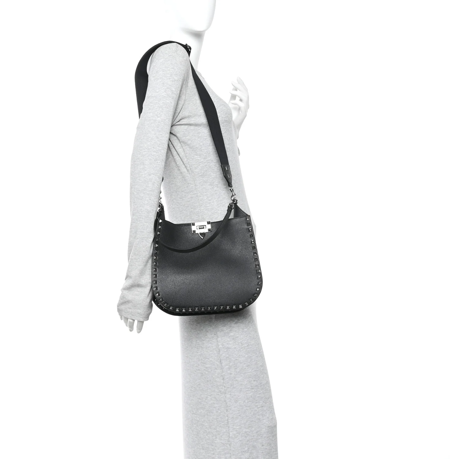 Grained Calfskin Rockstud Hobo Shoulder Bag Black