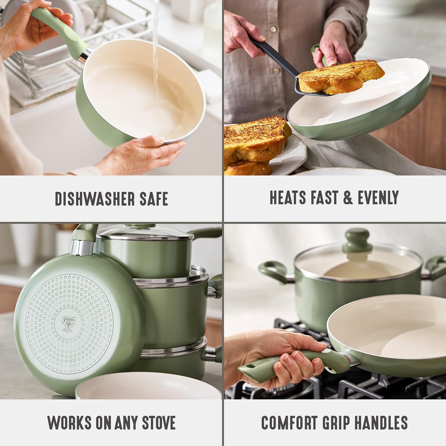 GreenLife 16pc Ceramic Nonstick Pots & Pans Cookware Set, Sage Green