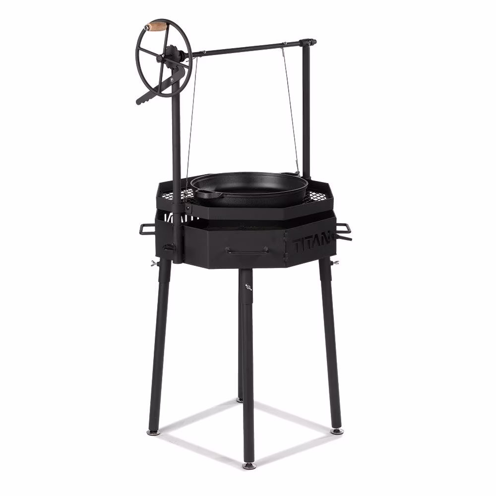 Santa Maria Grill, Argentine Style Open Fire Grill, Adjustable Cooking Grate with Flywheel, BBQ Grill Comes with Cast Iron Skillet