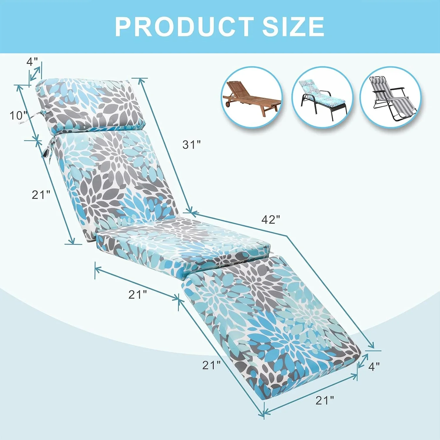 **outdoor chaise lounge cushion 73 inch, tri-folding patio chaise lounge chair cushions waterproof foldable thick lounge cushions outdoor furniture easy receive poolside garden