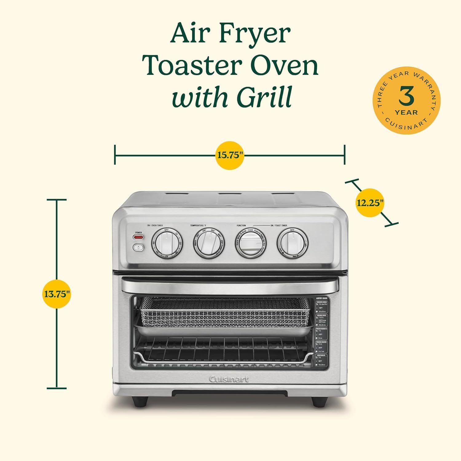 Cuisinart Air Fryer Toaster Oven, 1800W, 8-in-1 with Air Fry, Convection, Broil & Warm, 0.6 Cubic Feet, 60-Minute Timer, TOA-70NAS, Stainless Steel| 1800W power, 0.6 cuft. capacity, convection, broil and warm modes, 60-minute timer