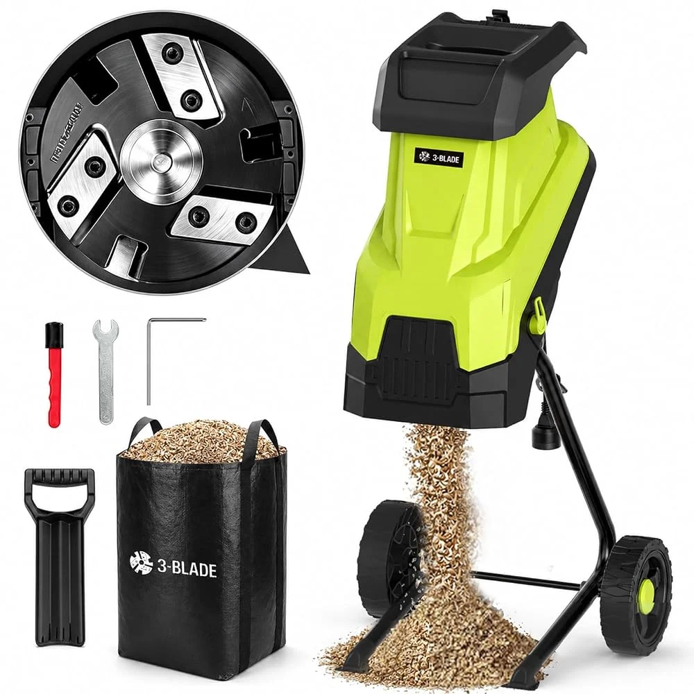 Electric Wood Chipper Shredder, 15-Amp 3-Blade System for Up to 50% Faster Shredding, 1.8" Branch Capacity, Chips Down to 1.5mm or Finer, Reversible SK5 Blades, 45L Bag for Yard Waste & Composting