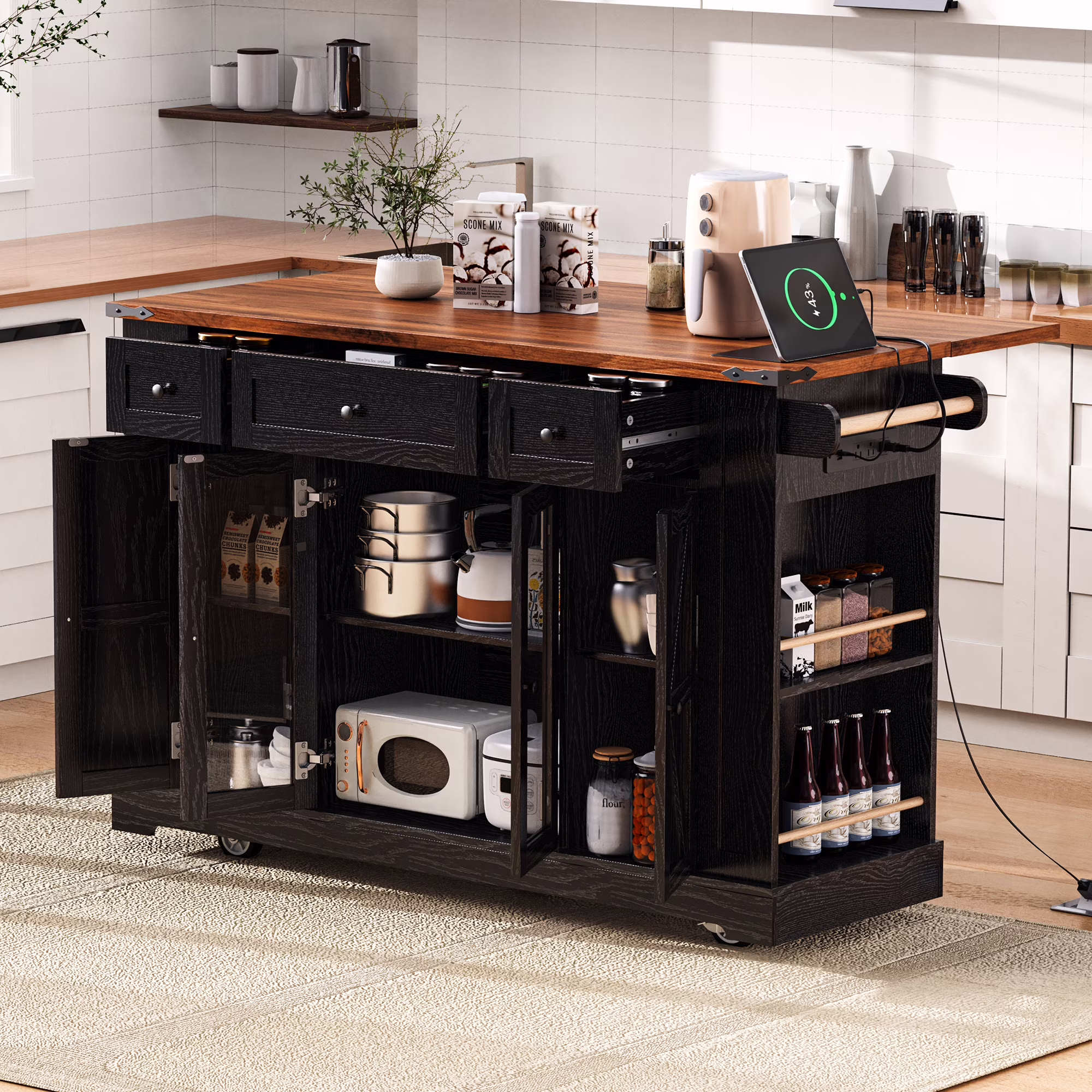 53'' Farmhouse Kitchen Island with Two Tempered Glass Cabinet Doors��Rolling Kitchen Cart on Wheels(White) - Image 3