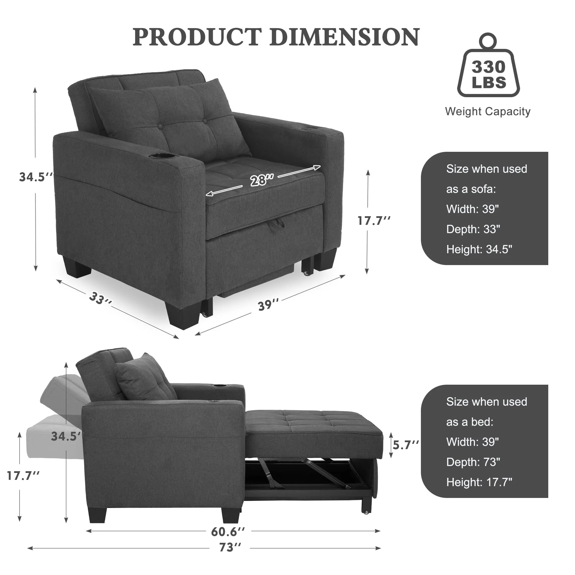 DURASPACE 3 in 1 Convertible Sleeper Chair Bed with Usb Port, Linen Pull Out Chair Indoor, Dark Gray(Faux Leather/Black Faux Leather) Image 8