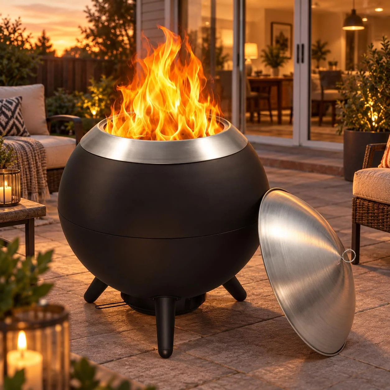 26 Inch Smokeless Firepit with Grill, Outdoor Portable Fire Pit, Stainless Wood Burning Stove, Fire Pit with Removable Ash Pan, Patio, Backyard, Camping and Bonfire