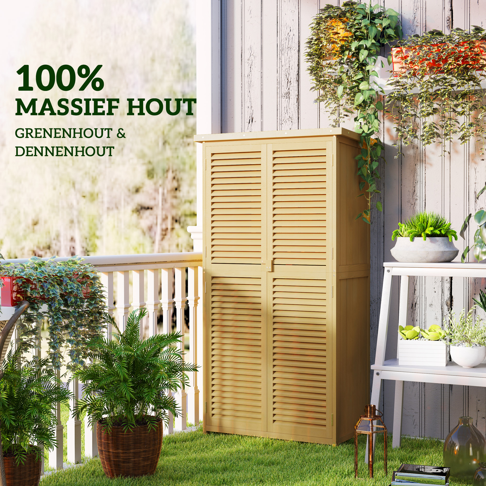 Outsunny Weerbestendige Tuinkast, 2 Deuren met Slot, Grenenhout, 87L x 46,5B x 160H cm, Lichtgeel