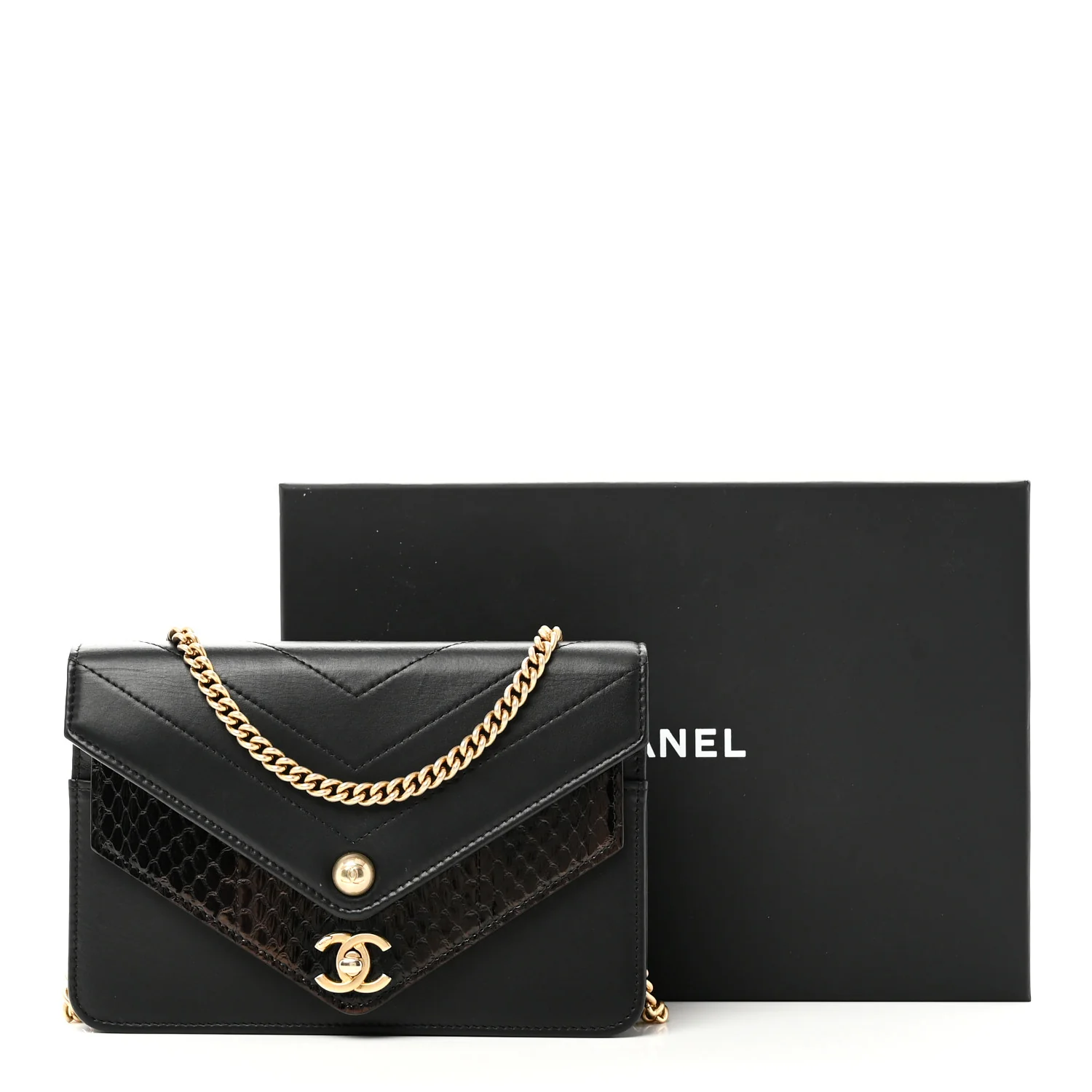 Calfskin Elaphe Double Chevron Mini Wallet On Chain WOC Black